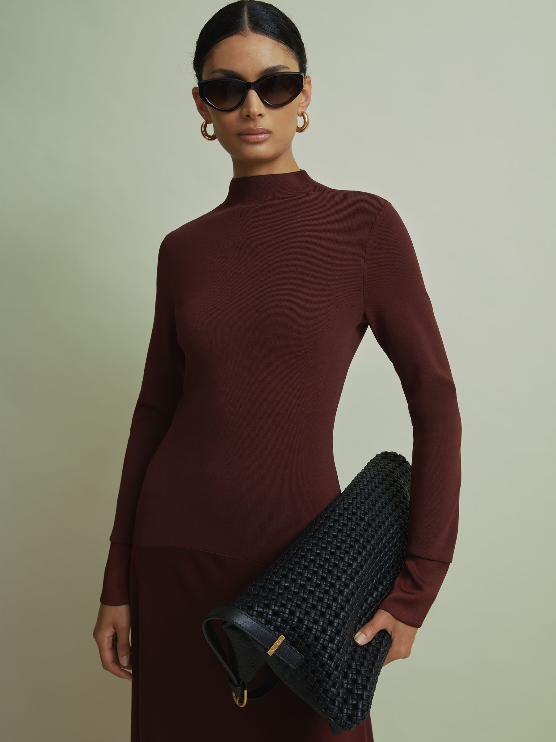 Florere Hybrid Knit-Satin Midi Dress in Burgundy - Image 3 of 6