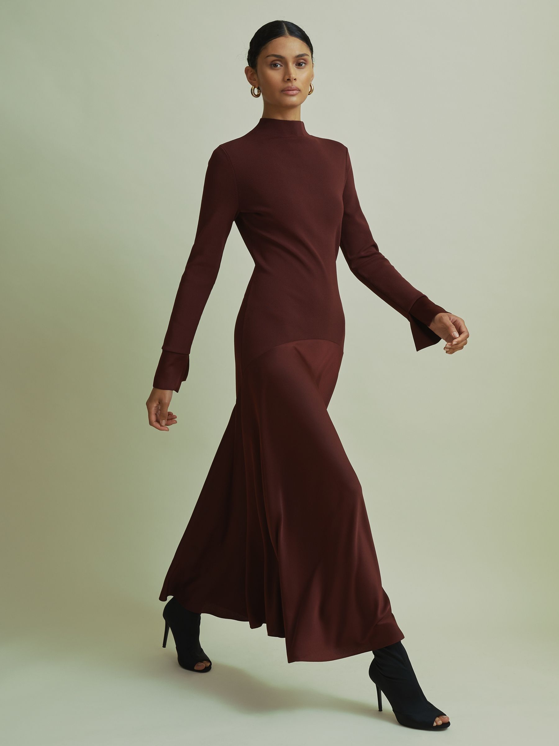 Florere Hybrid Knit-Satin Midi Dress in Burgundy - Image 4 of 6