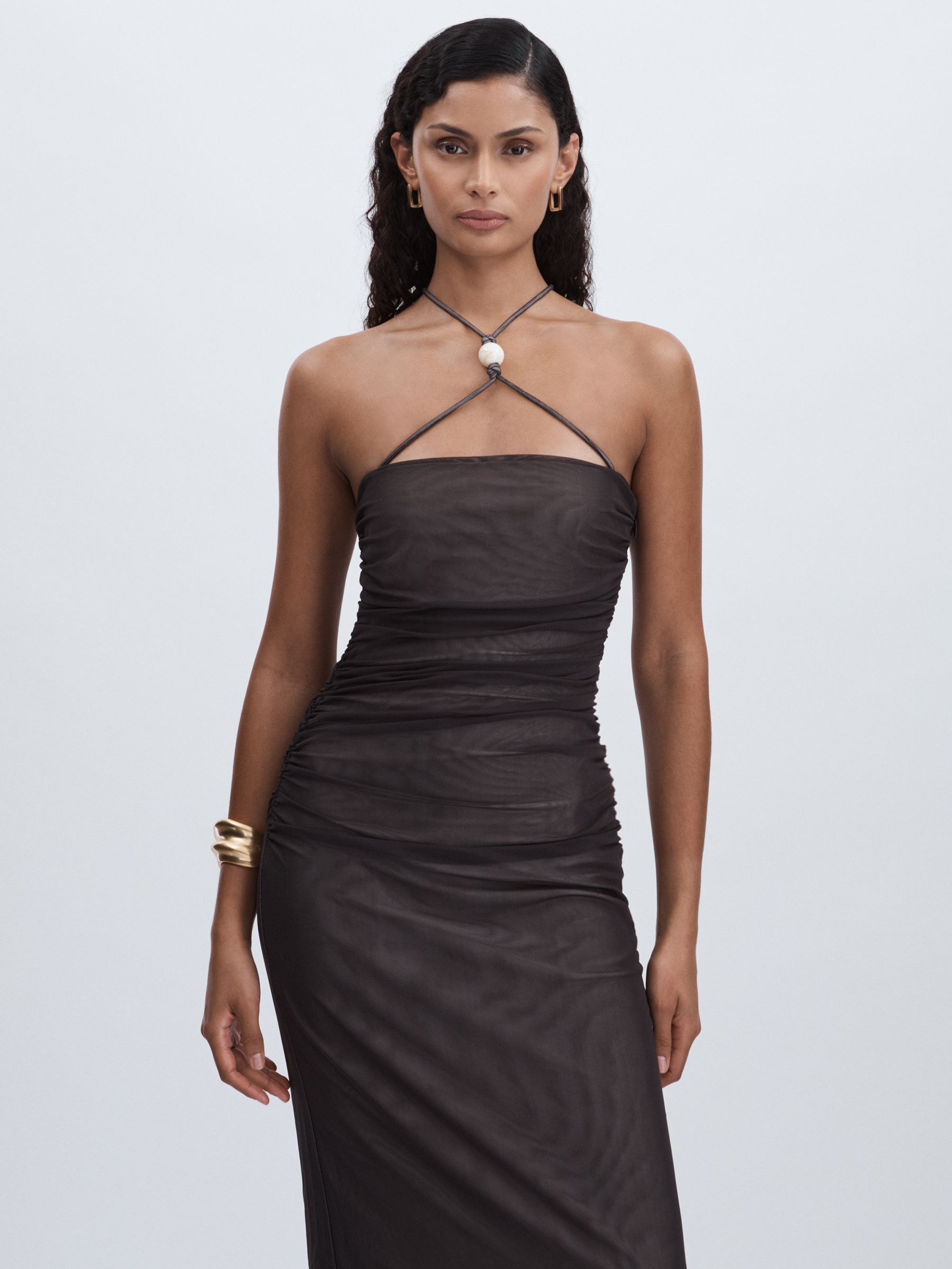 Significant Other Ruched Mesh Maxi Dress in Chocolate - Image 4 of 6
