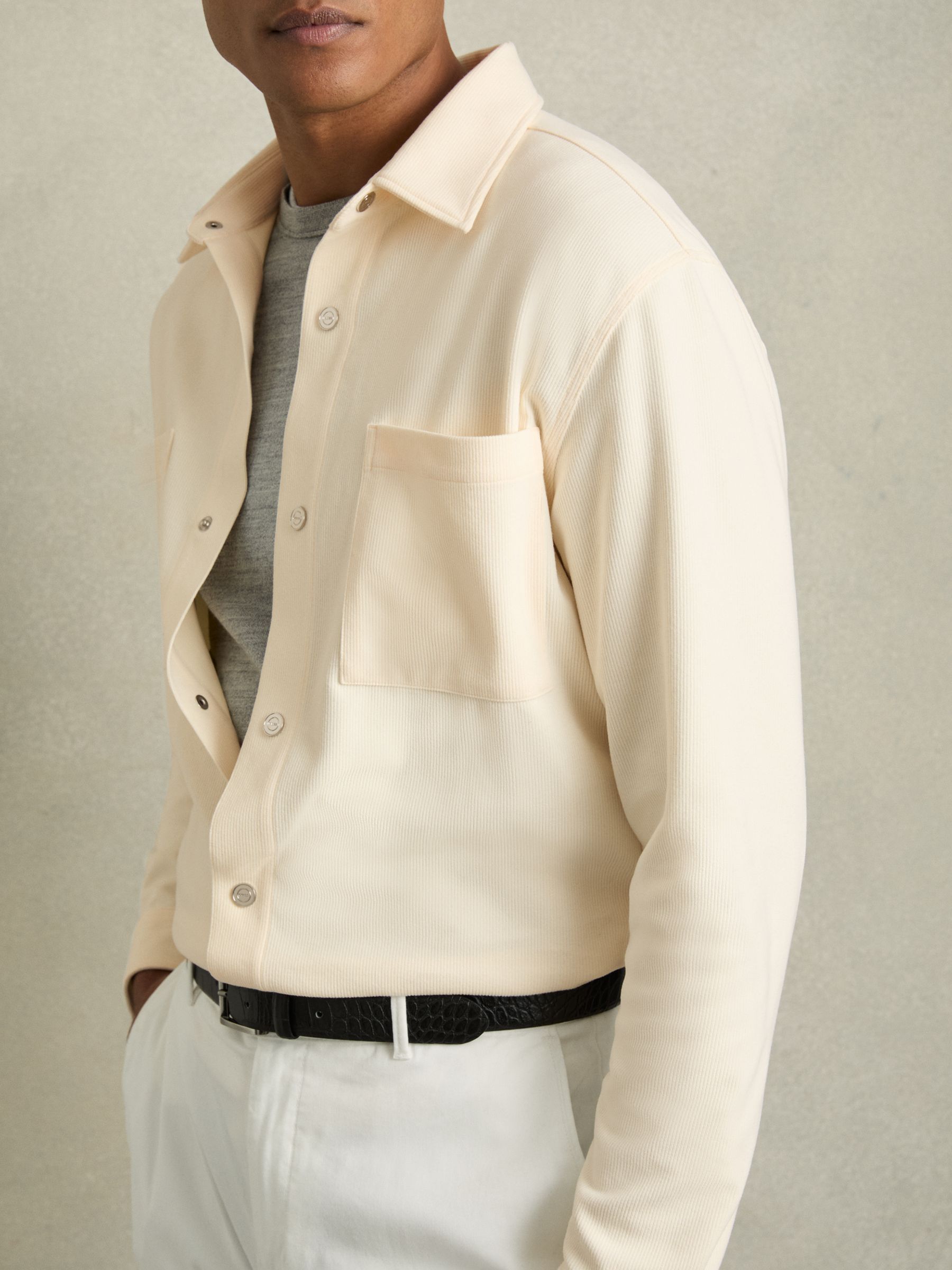 Brushed Corduroy Press-Stud Overshirt in Off White - Image 3 of 6
