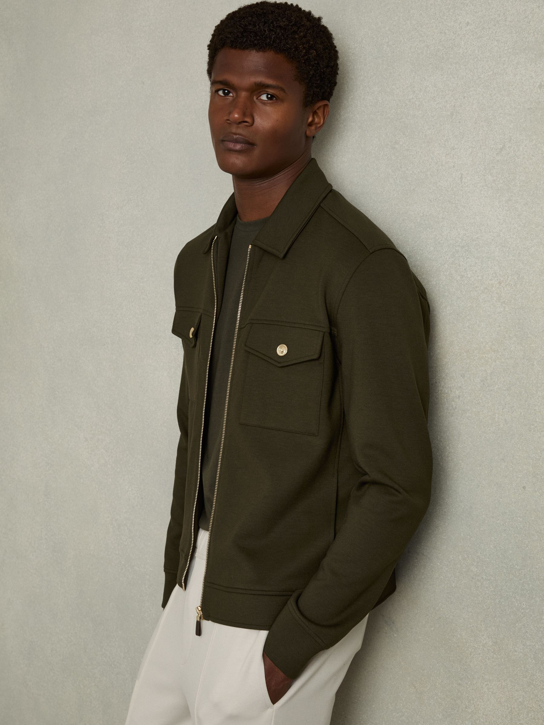 Interlock Jersey Zip-Through Overshirt in Forest Green - Image 1 of 6