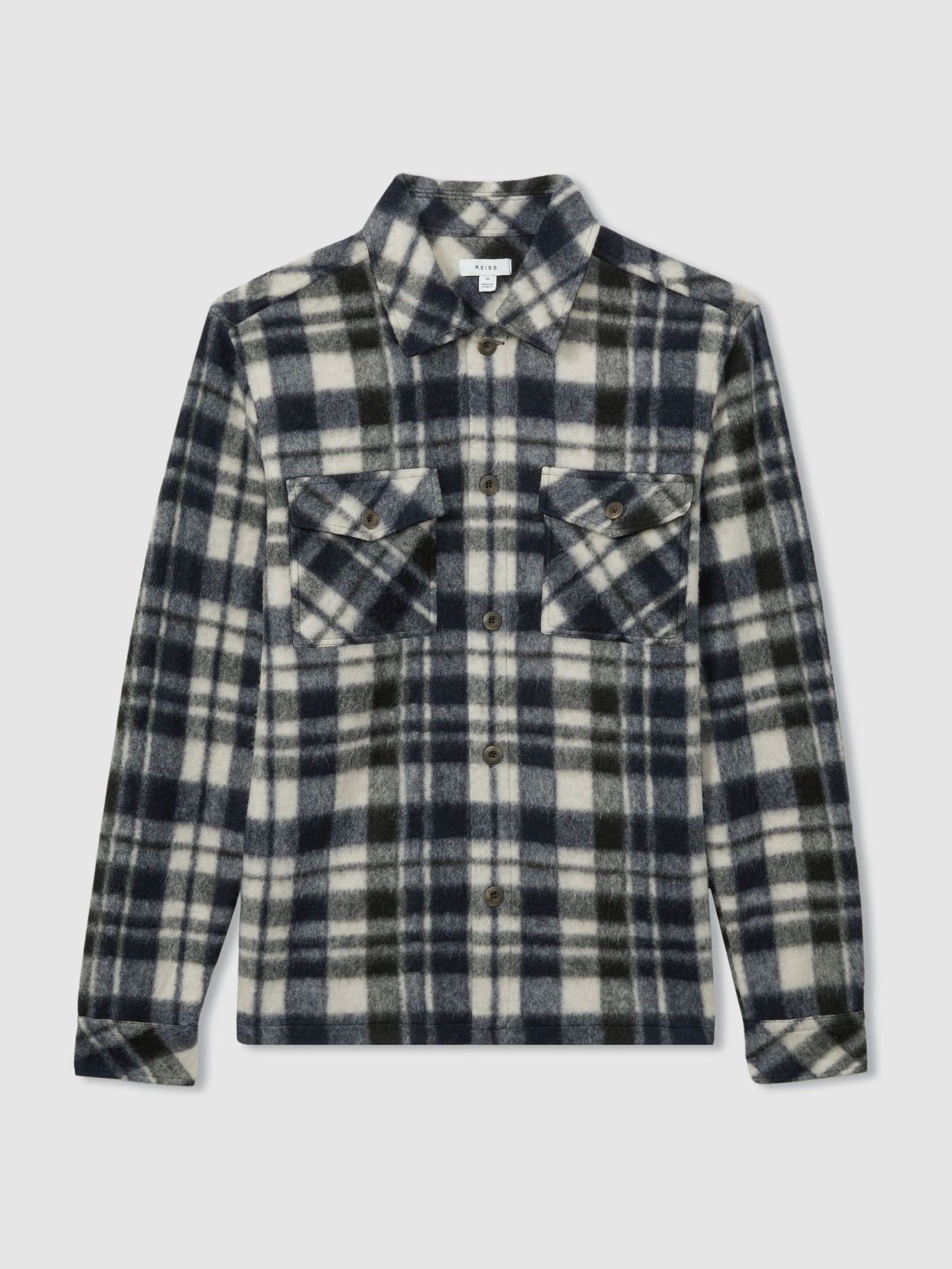 Patch-Pocket Checked Overshirt in Navy - Image 2 of 5