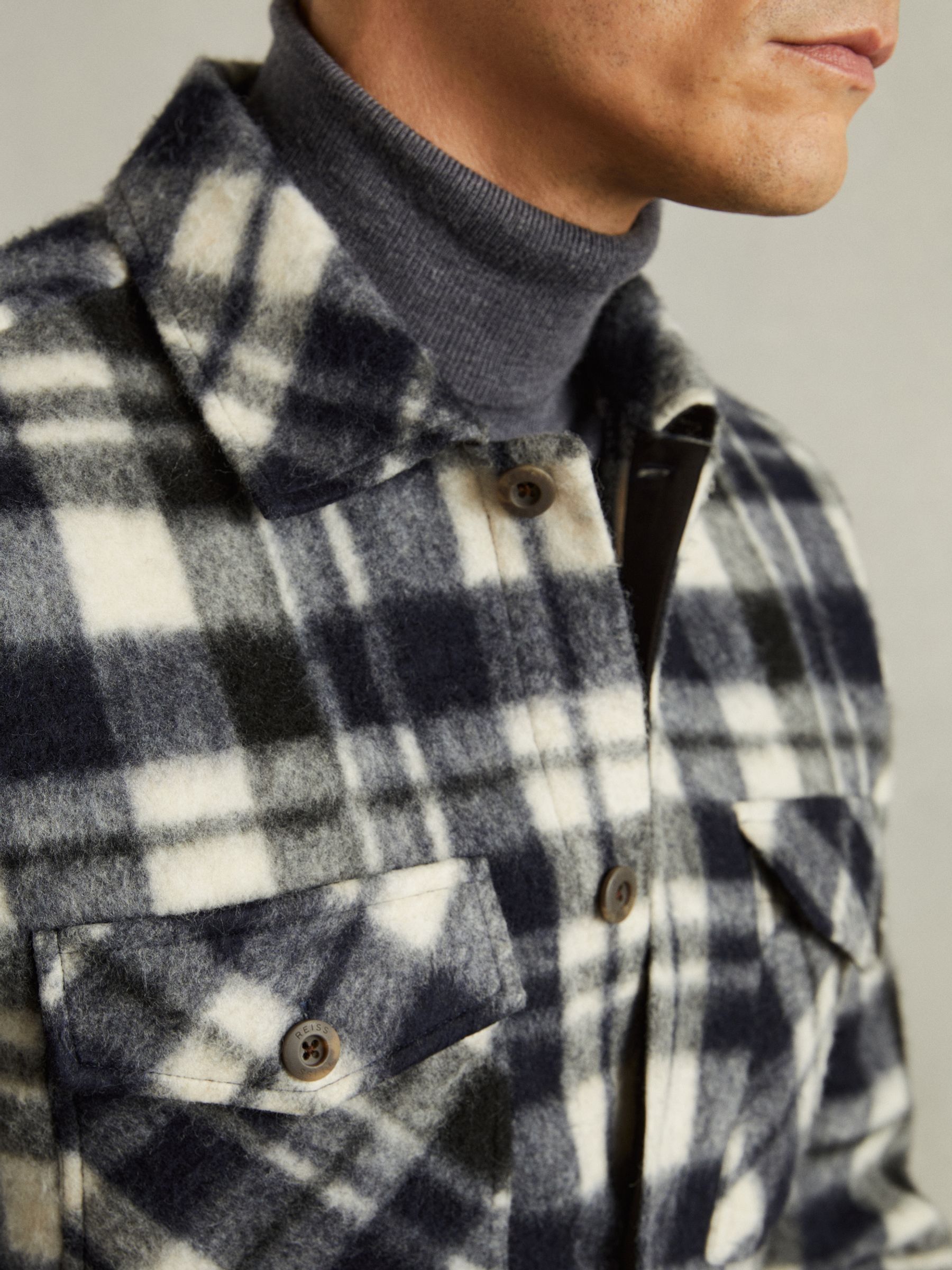 Patch-Pocket Checked Overshirt in Navy - Image 3 of 5