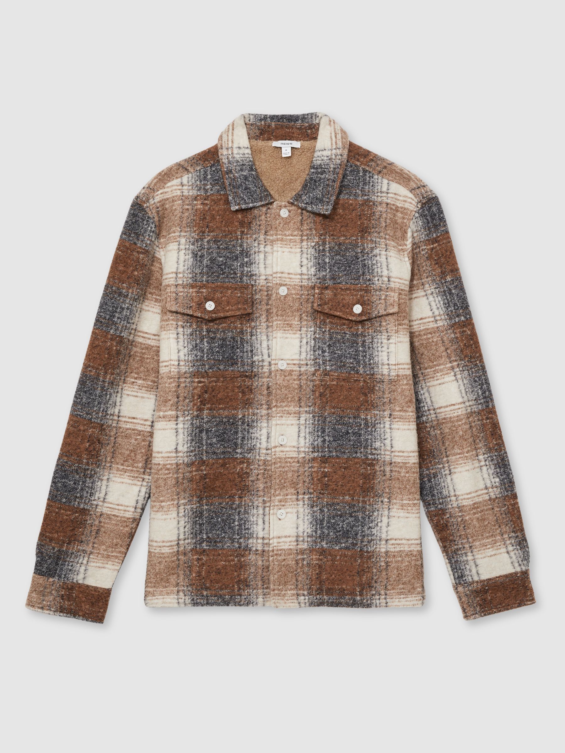 Brushed Check Fleece-Lined Overshirt in Brown - Image 2 of 6