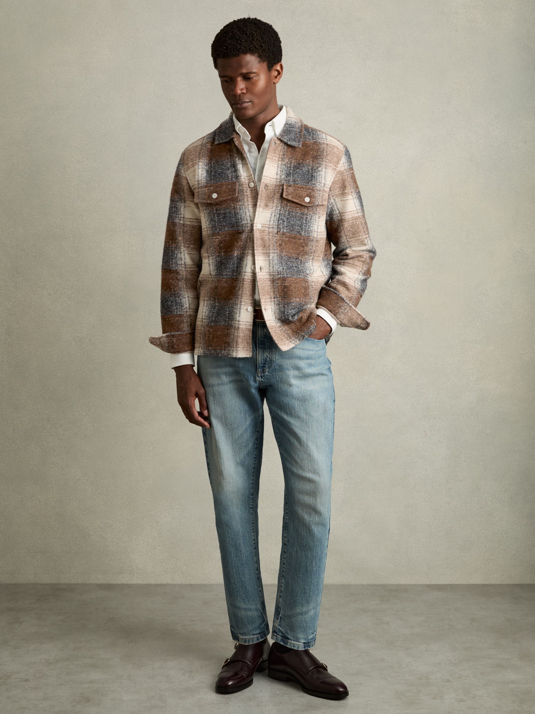 Brushed Check Fleece-Lined Overshirt in Brown - Image 3 of 6