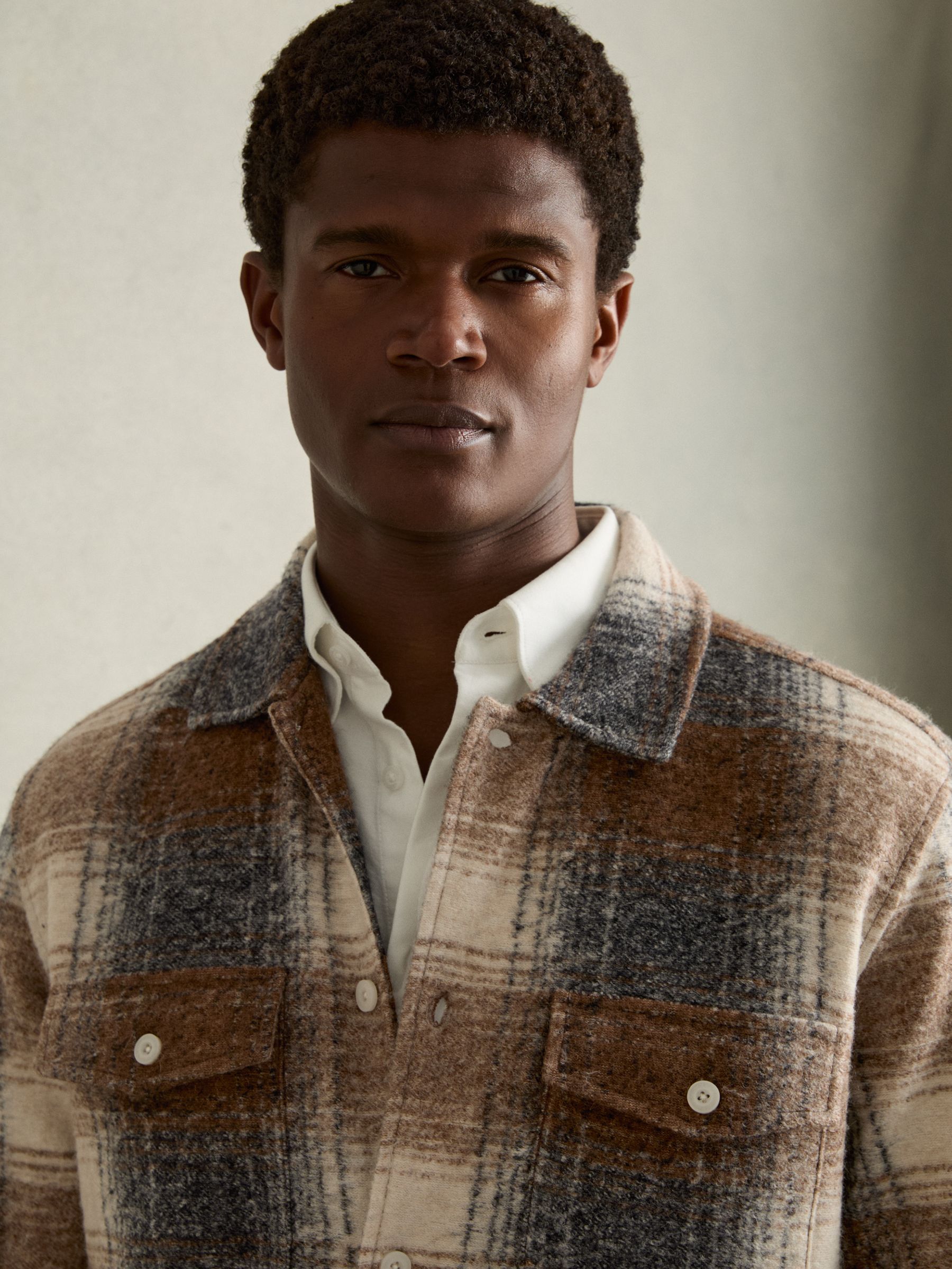 Brushed Check Fleece-Lined Overshirt in Brown - Image 4 of 6