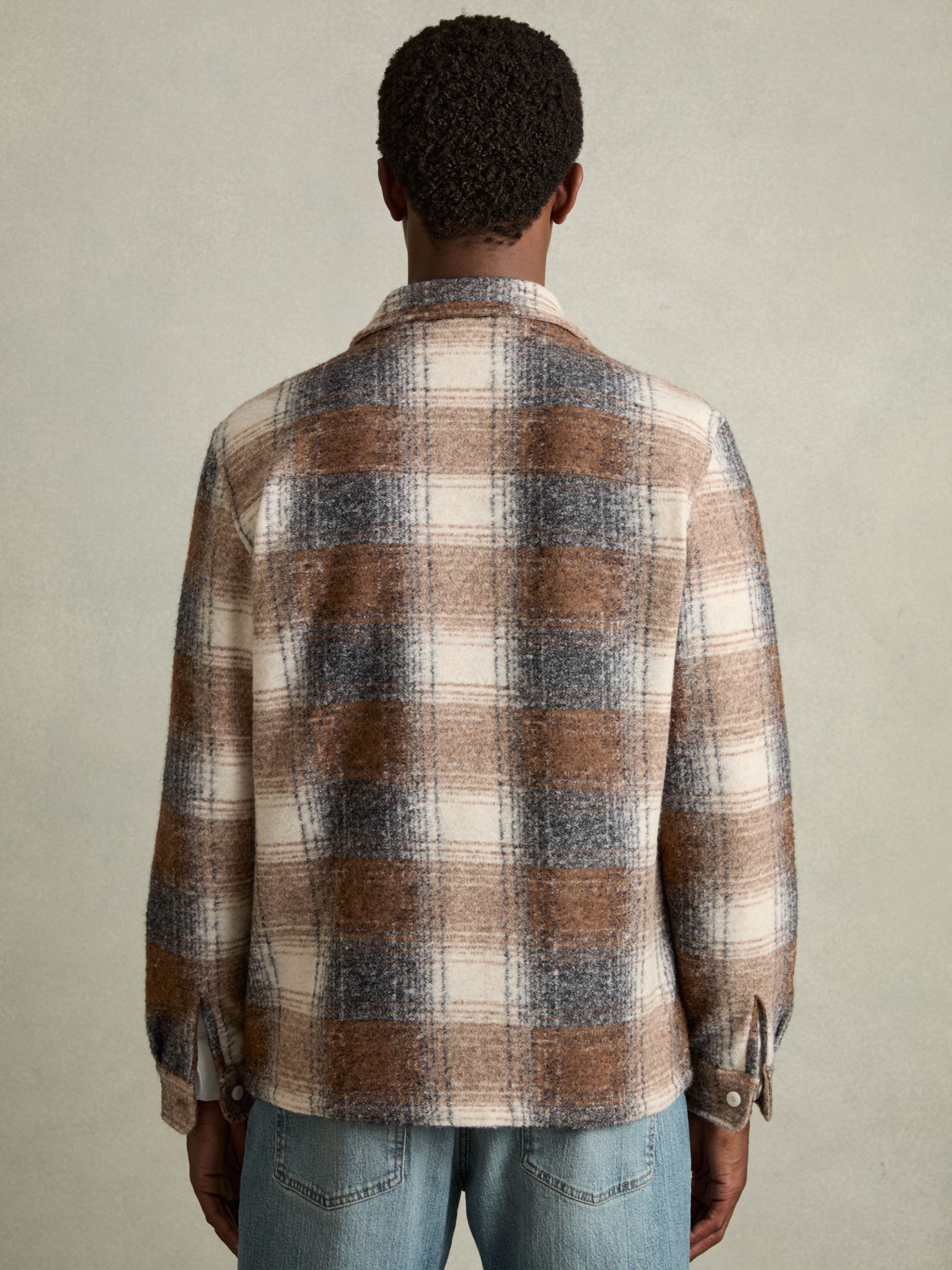 Brushed Check Fleece-Lined Overshirt in Brown - Image 5 of 6