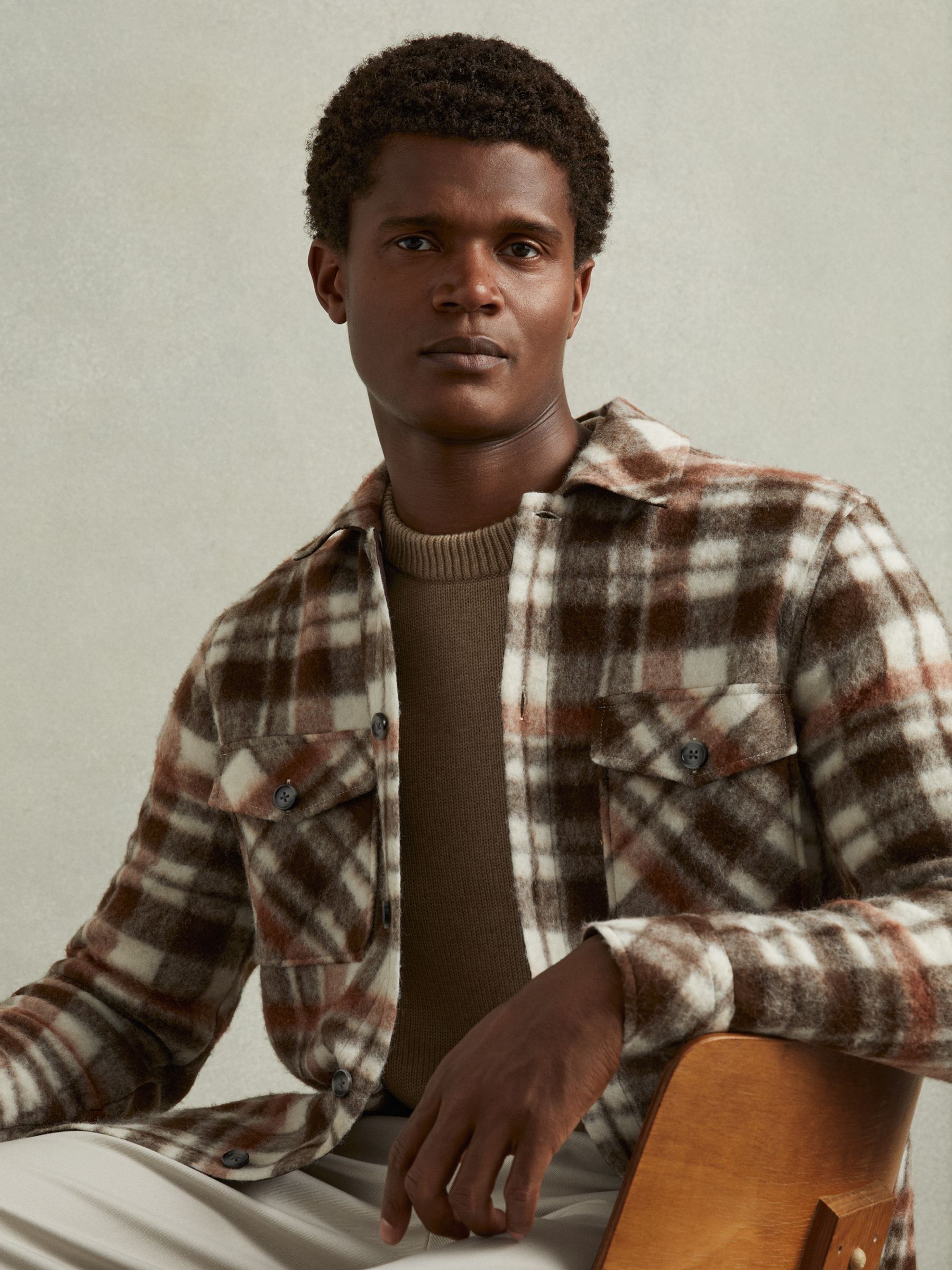 Patch-Pocket Checked Overshirt in Brown - Image 1 of 6