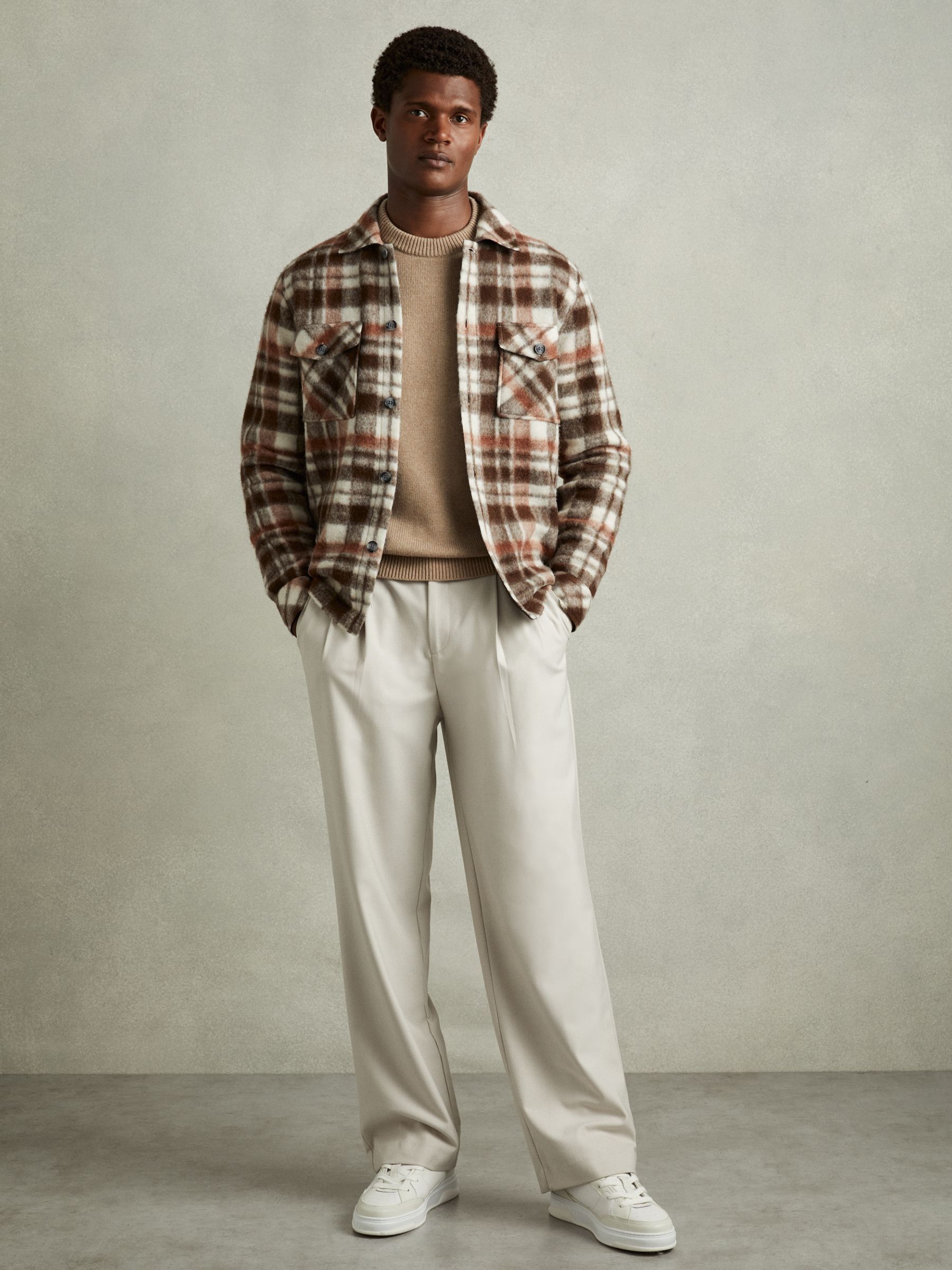 Patch-Pocket Checked Overshirt in Brown - Image 3 of 6