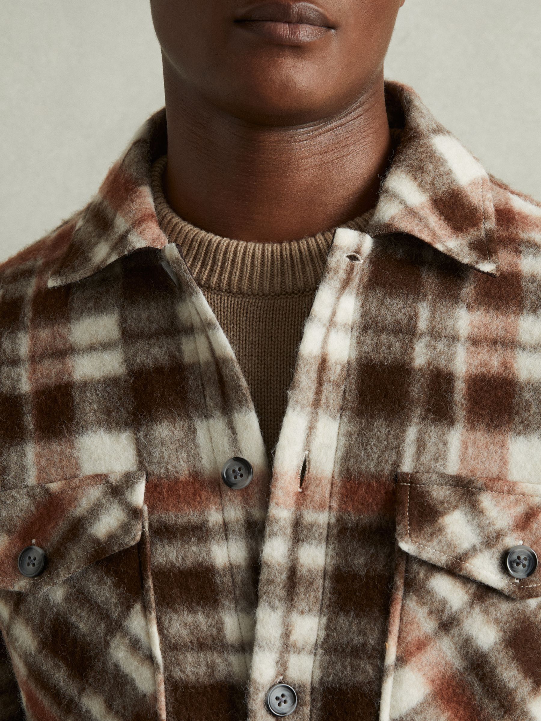 Patch-Pocket Checked Overshirt in Brown - Image 5 of 6