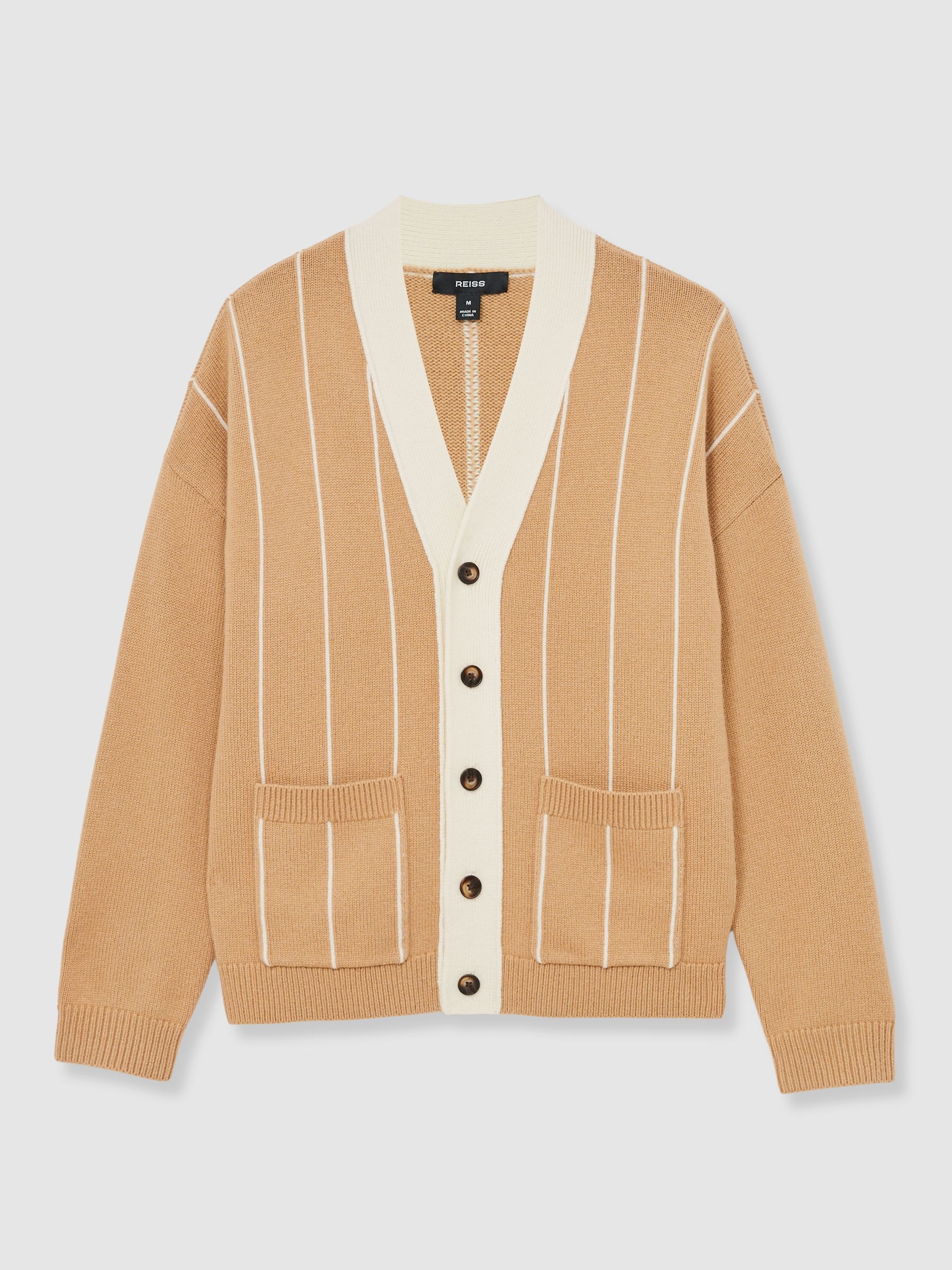 Wool-Blend Pinstripe Cardigan in Camel/White - Image 2 of 6