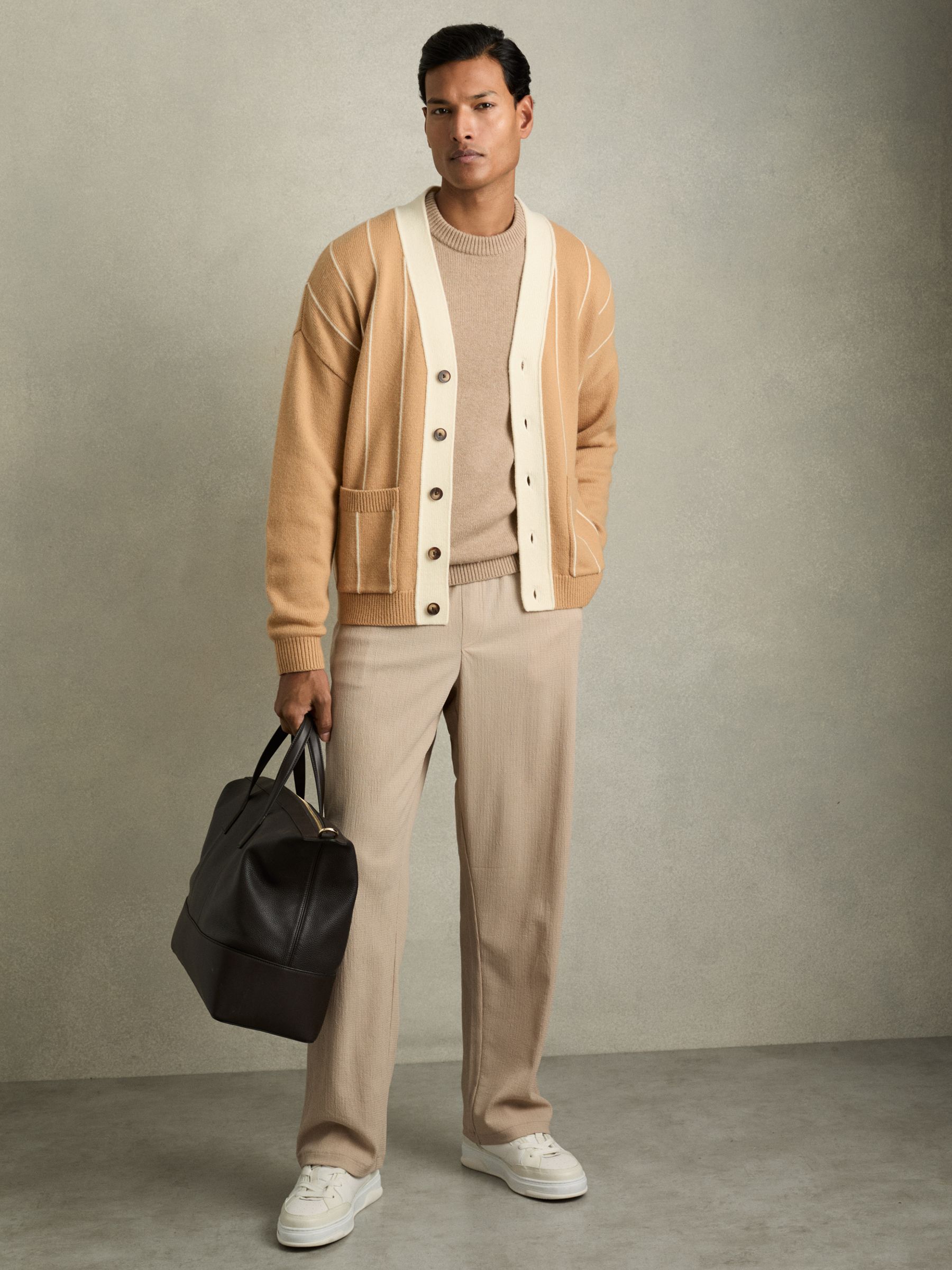 Wool-Blend Pinstripe Cardigan in Camel/White - image 3