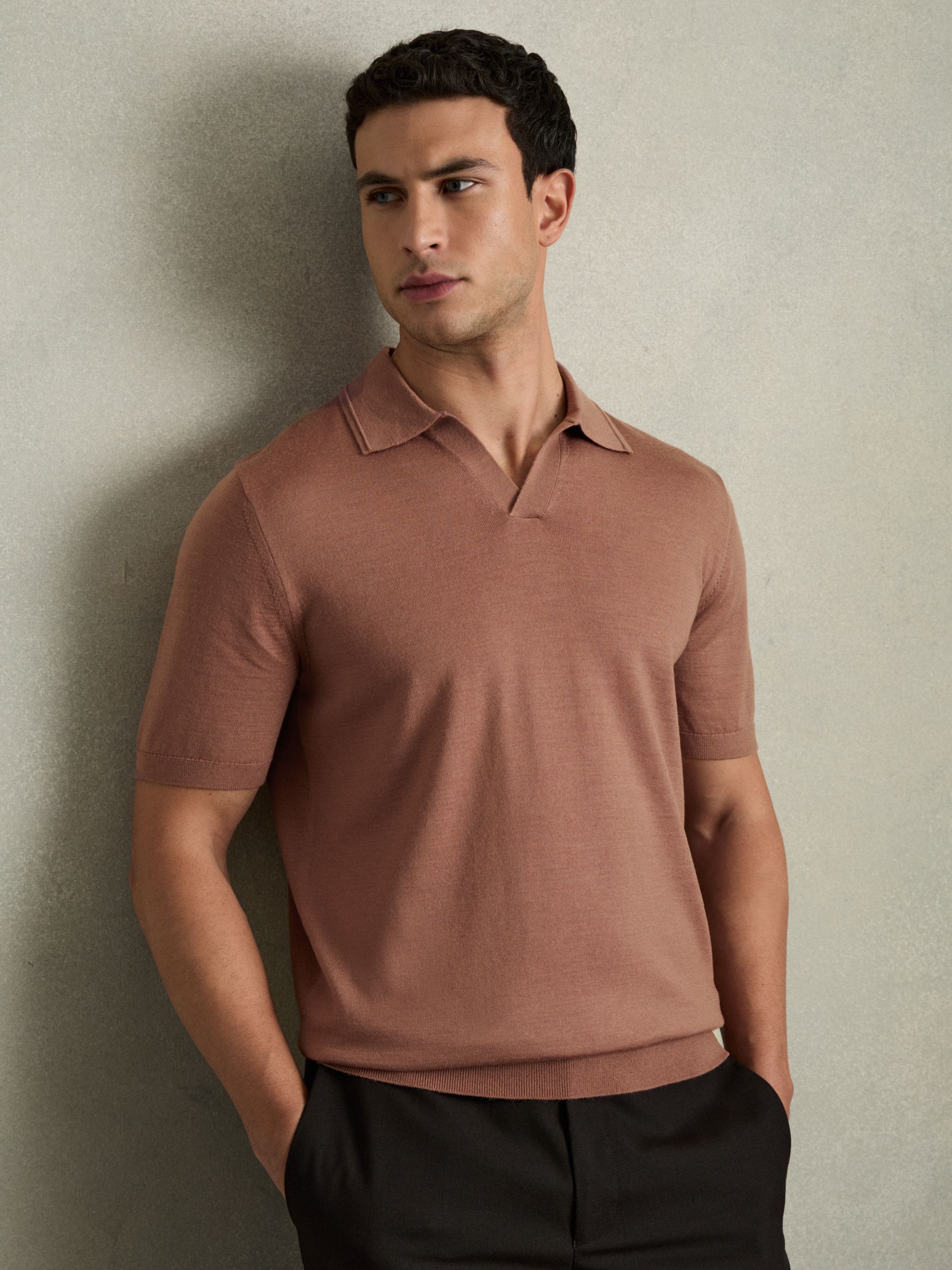 Merino Wool Open Collar Polo Shirt in Dusty Blush Pink - Image 1 of 7