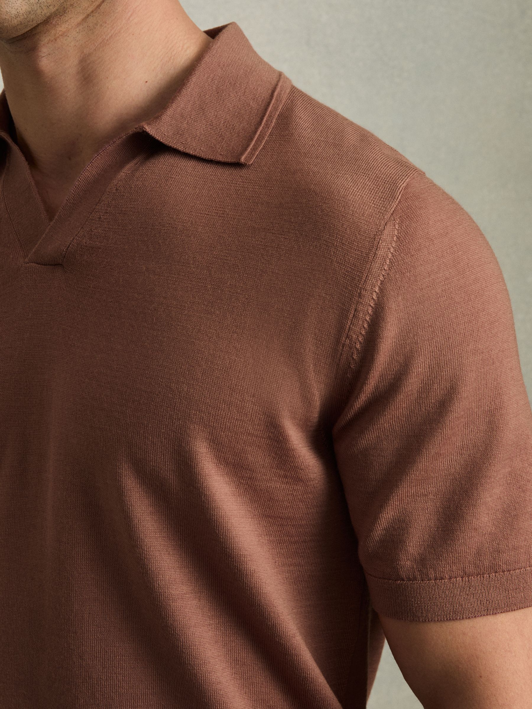 Merino Wool Open Collar Polo Shirt in Dusty Blush Pink - Image 4 of 7