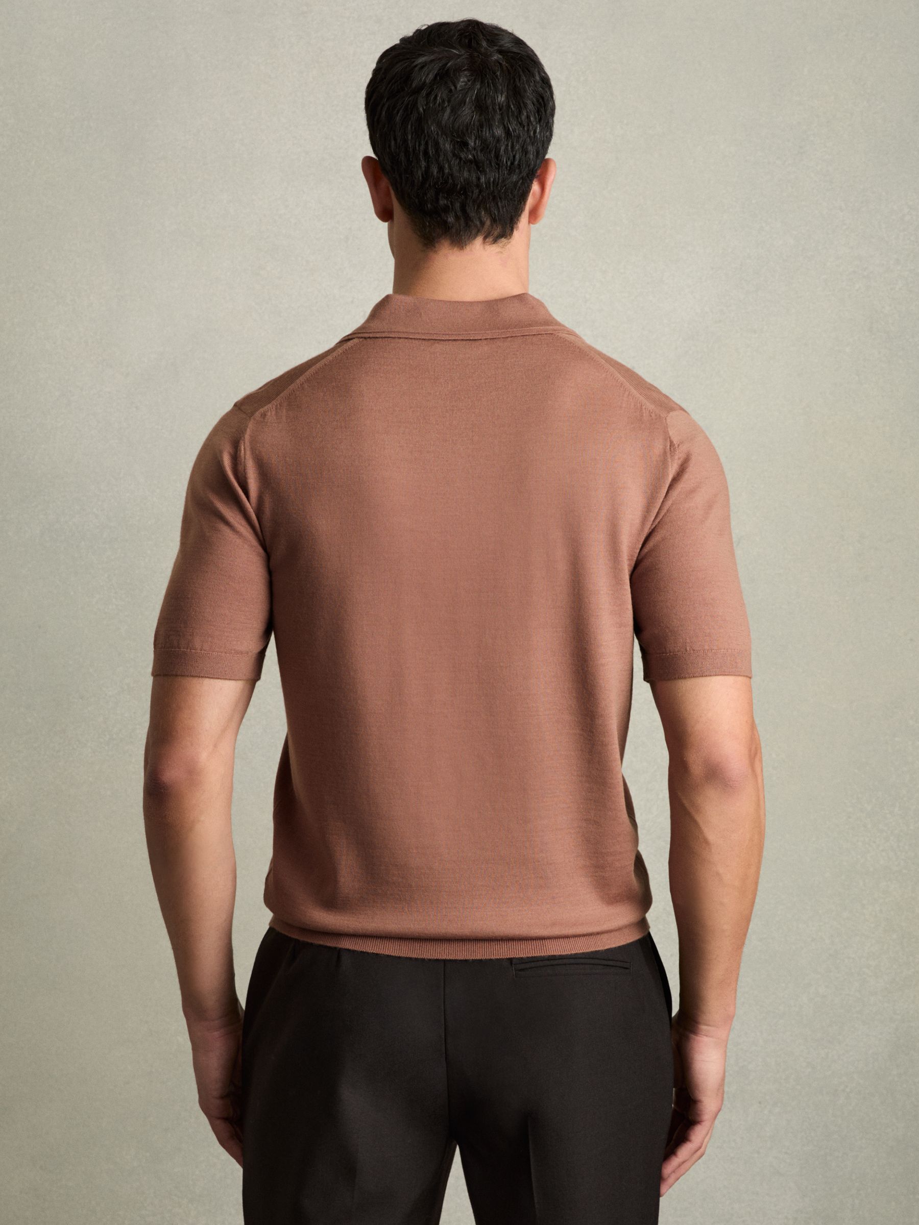 Merino Wool Open Collar Polo Shirt in Dusty Blush Pink - Image 5 of 7