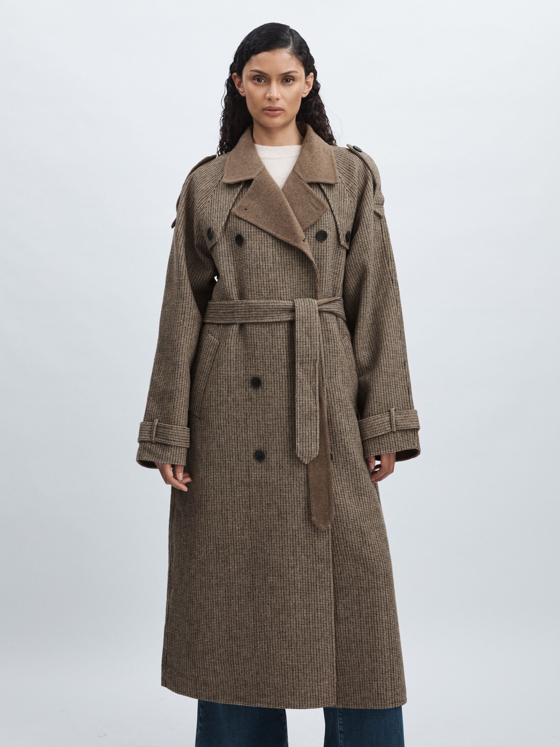 Meotine Beige Check Wool-Blend Houndstooth-Check Trench Coat in Beige Check - Image 4 of 7