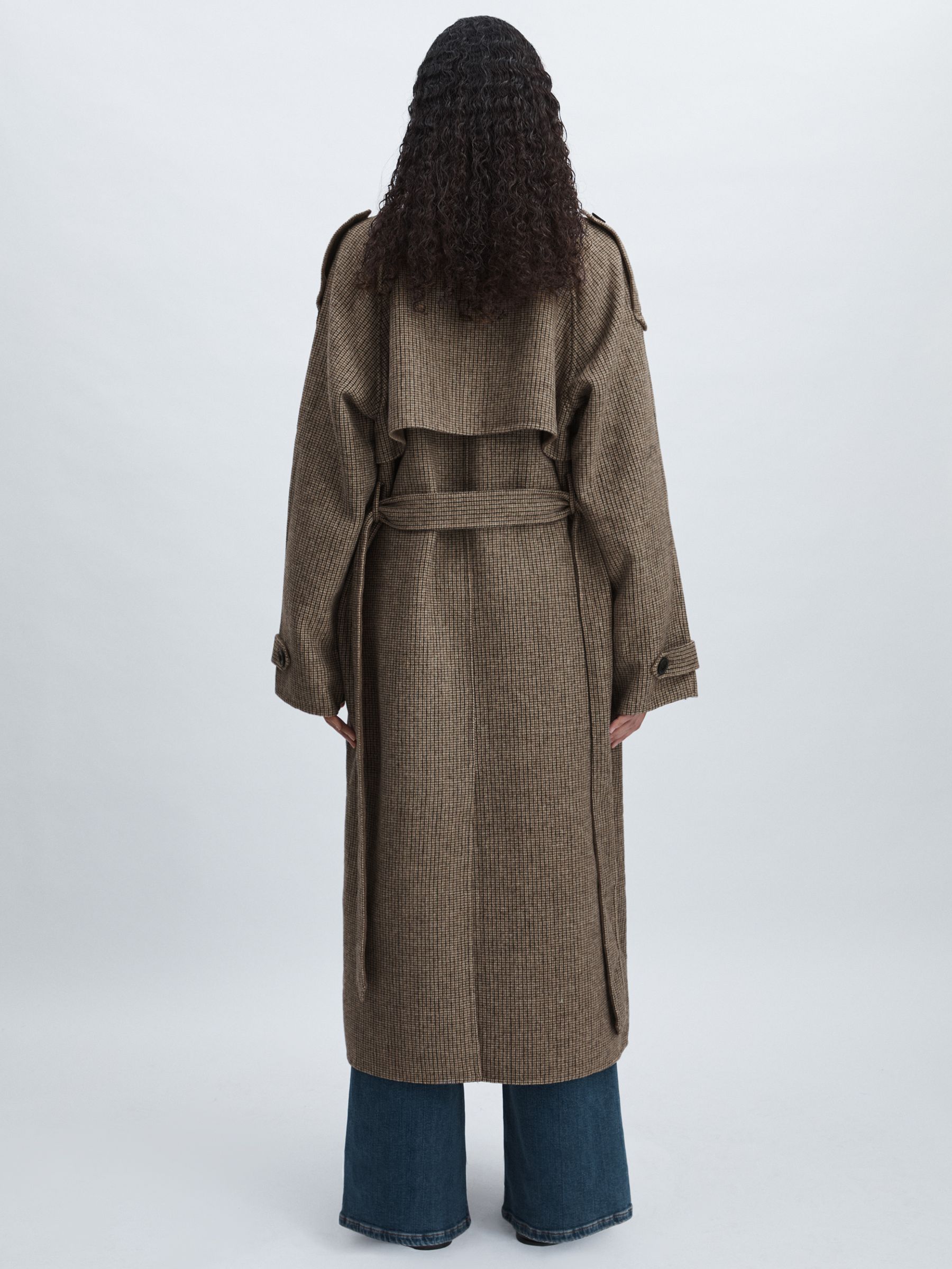 Reiss Meotine Beige Check Wool-Blend Houndstooth-Check Trench Coat