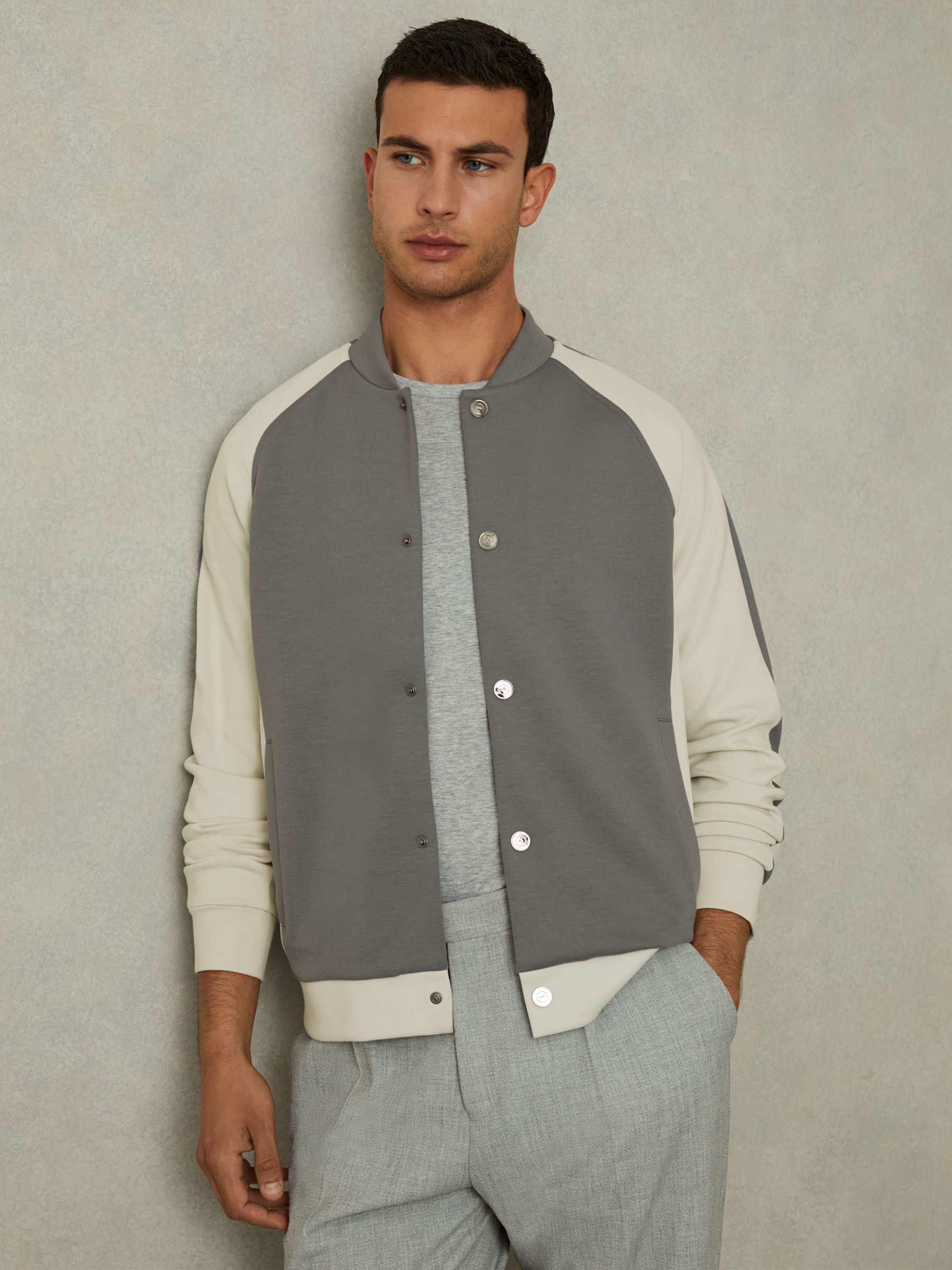 Colourblock Jersey Varsity Jacket in Flint Grey/Off White - Image 1 of 5