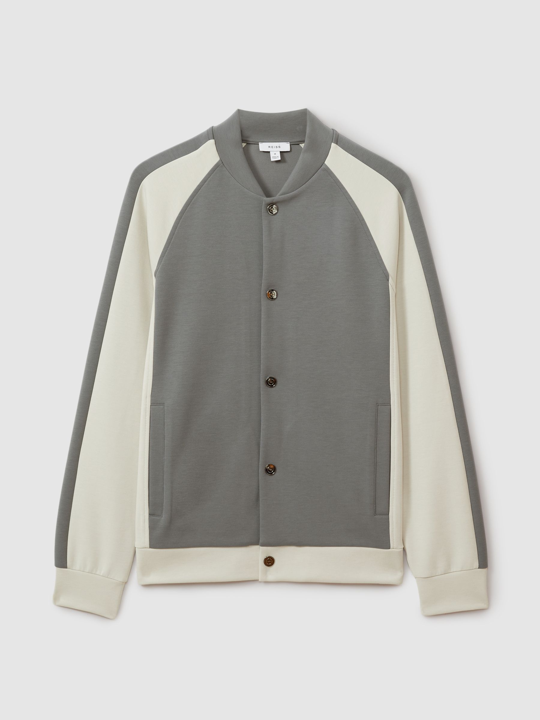 Reiss Colourblock Jersey Varsity Jacket in Flint Grey/Off White