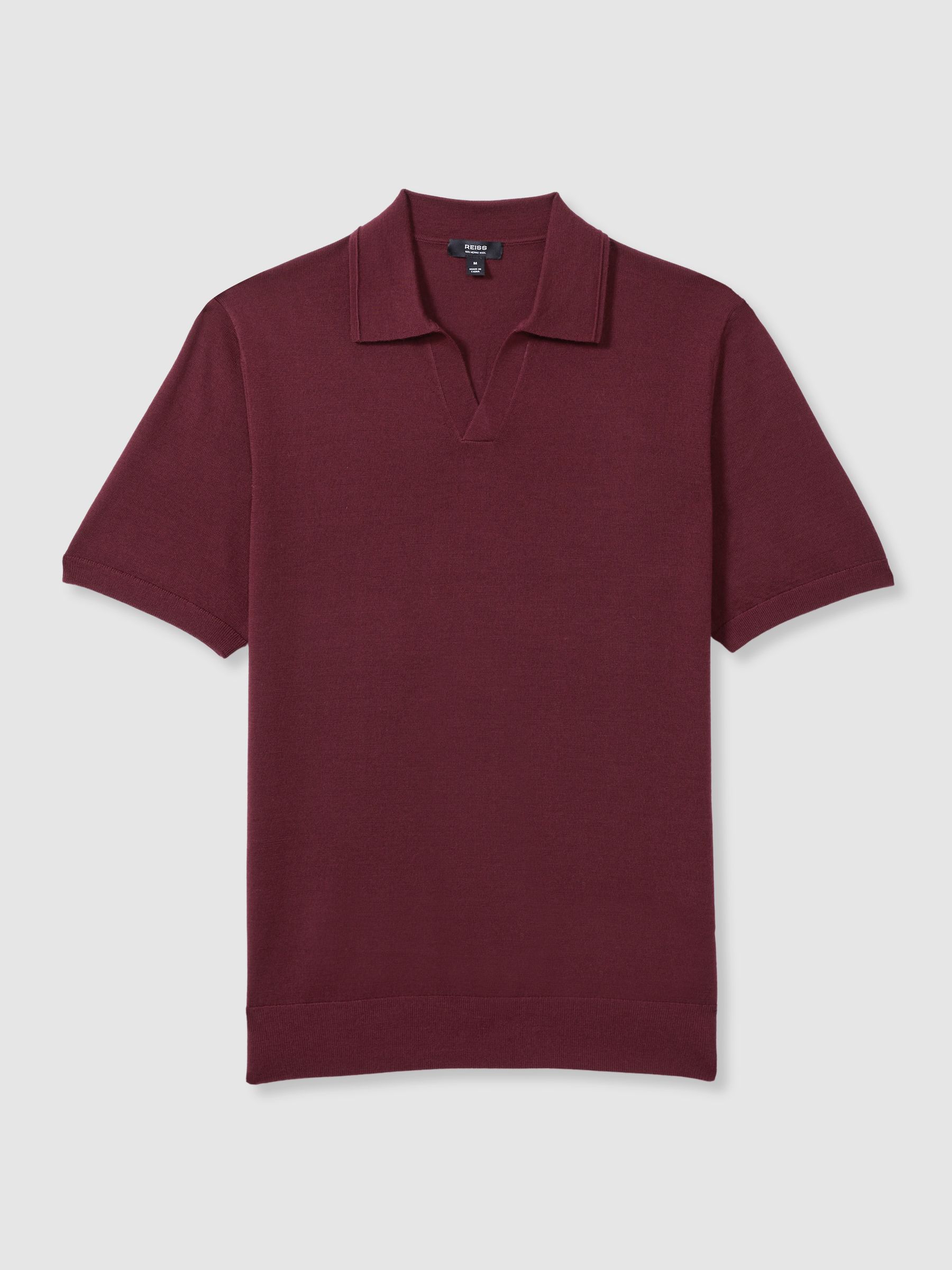 Merino Wool Open Collar Polo Shirt in Claret Red - Image 2 of 7