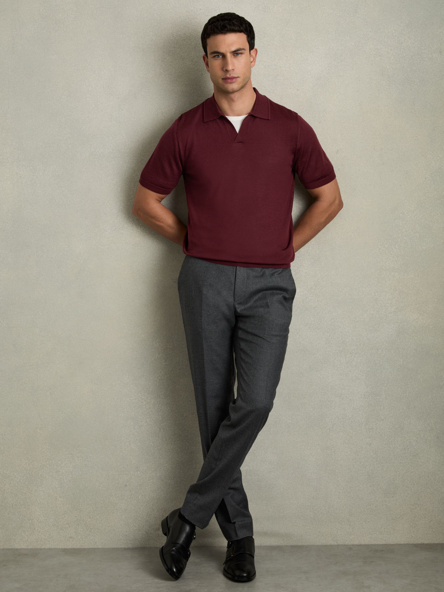 Merino Wool Open Collar Polo Shirt in Claret Red - Image 3 of 7