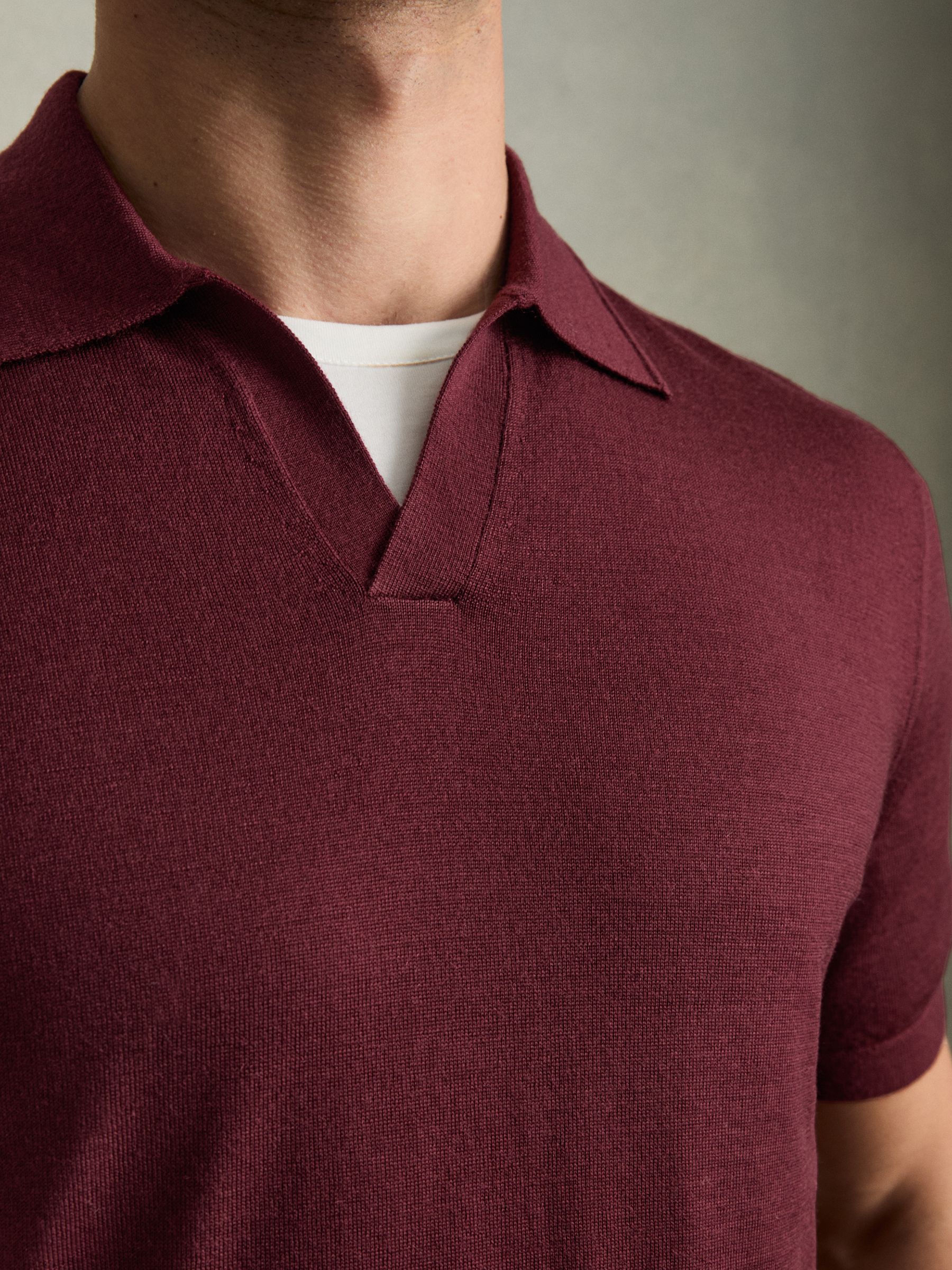 Merino Wool Open Collar Polo Shirt in Claret Red - Image 4 of 7