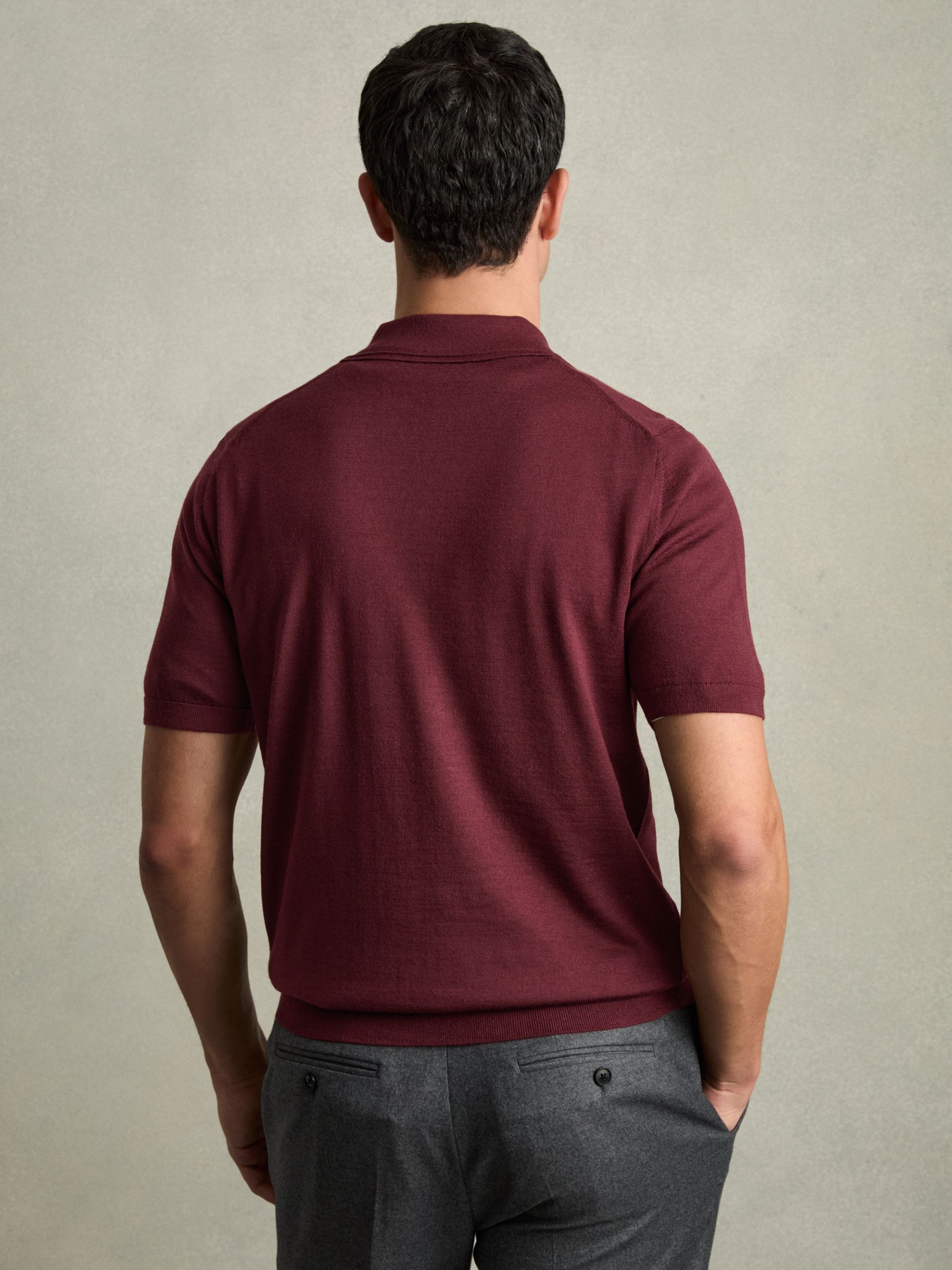 Merino Wool Open Collar Polo Shirt in Claret Red - Image 5 of 7