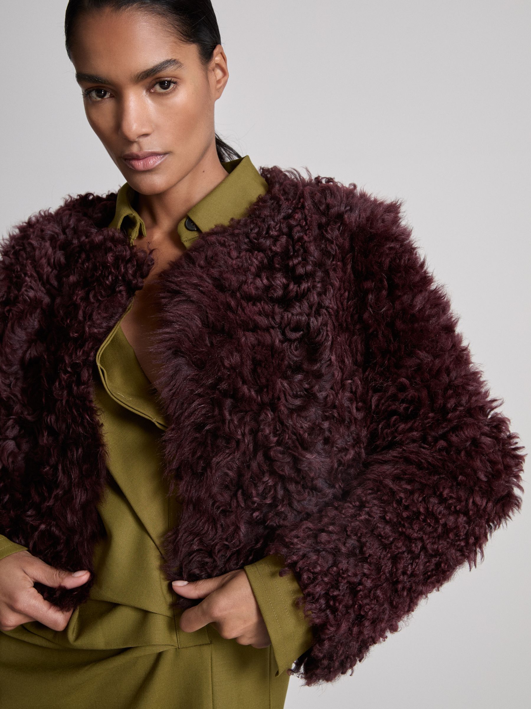 Reiss Atelier Shearling Convertible Coat in Burgundy | REISS