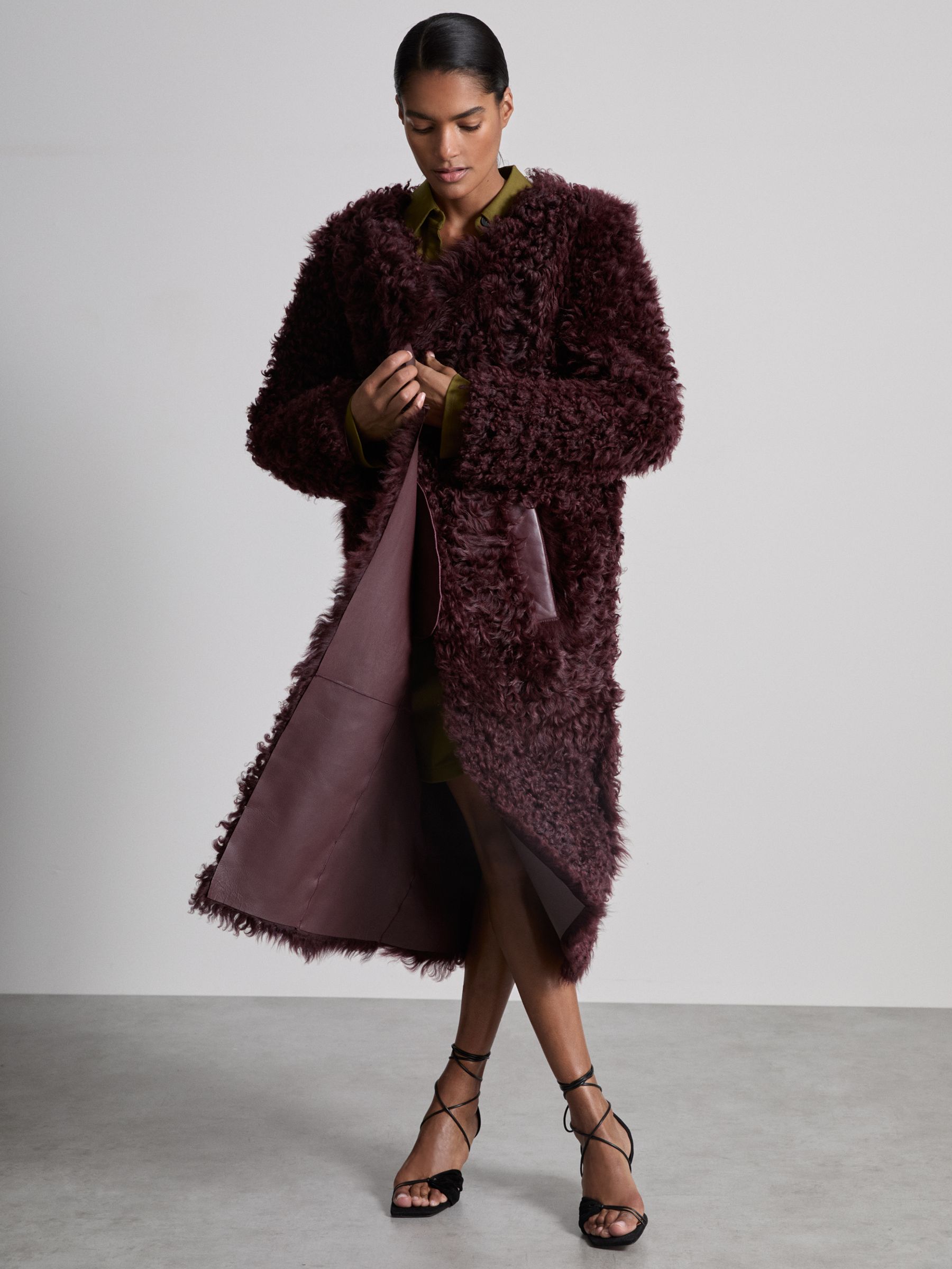 Reiss Atelier Shearling Convertible Coat in Burgundy | REISS