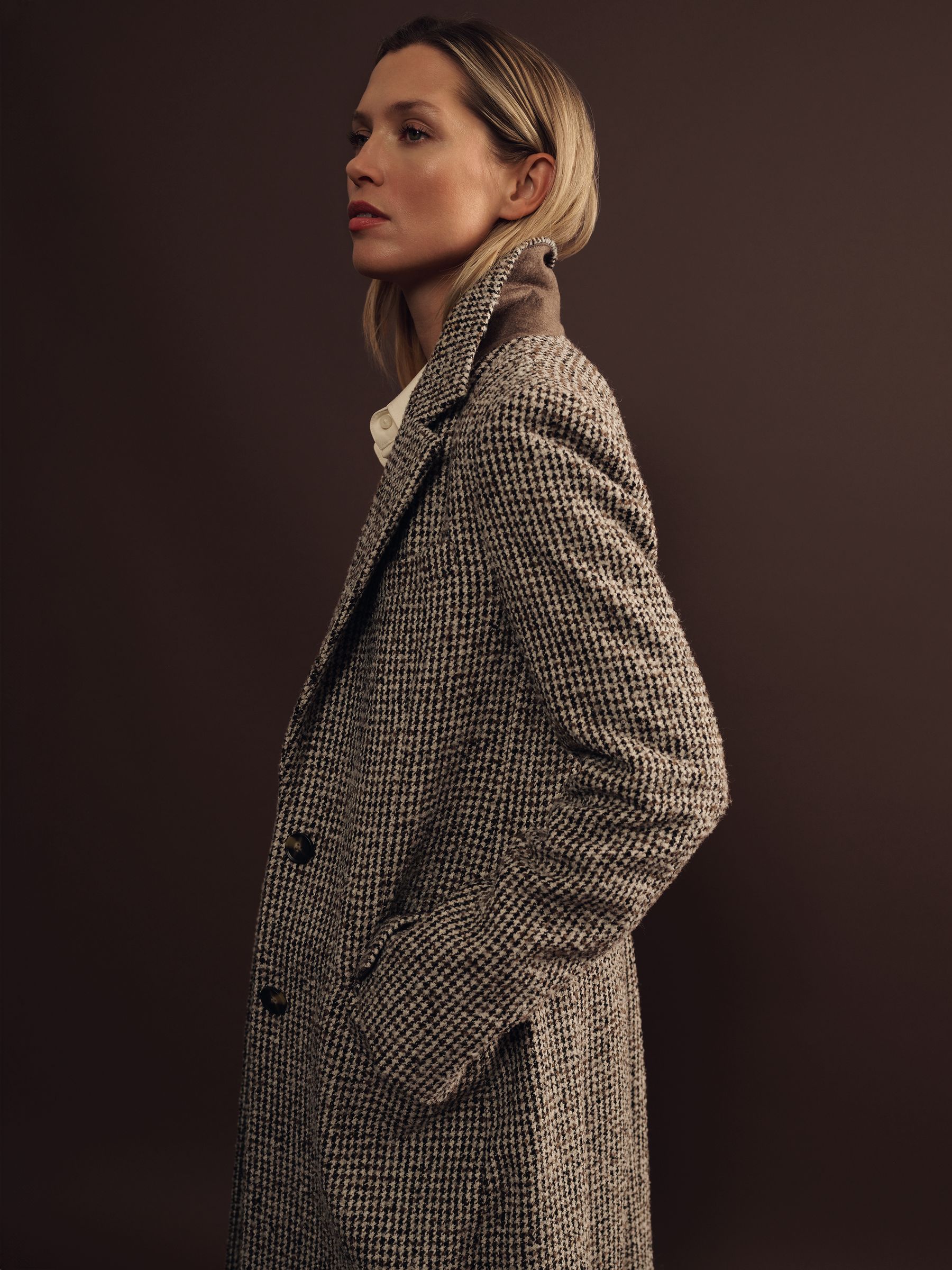 Wool-Blend Houndstooth-Check Coat in Brown Check - Image 1 of 7