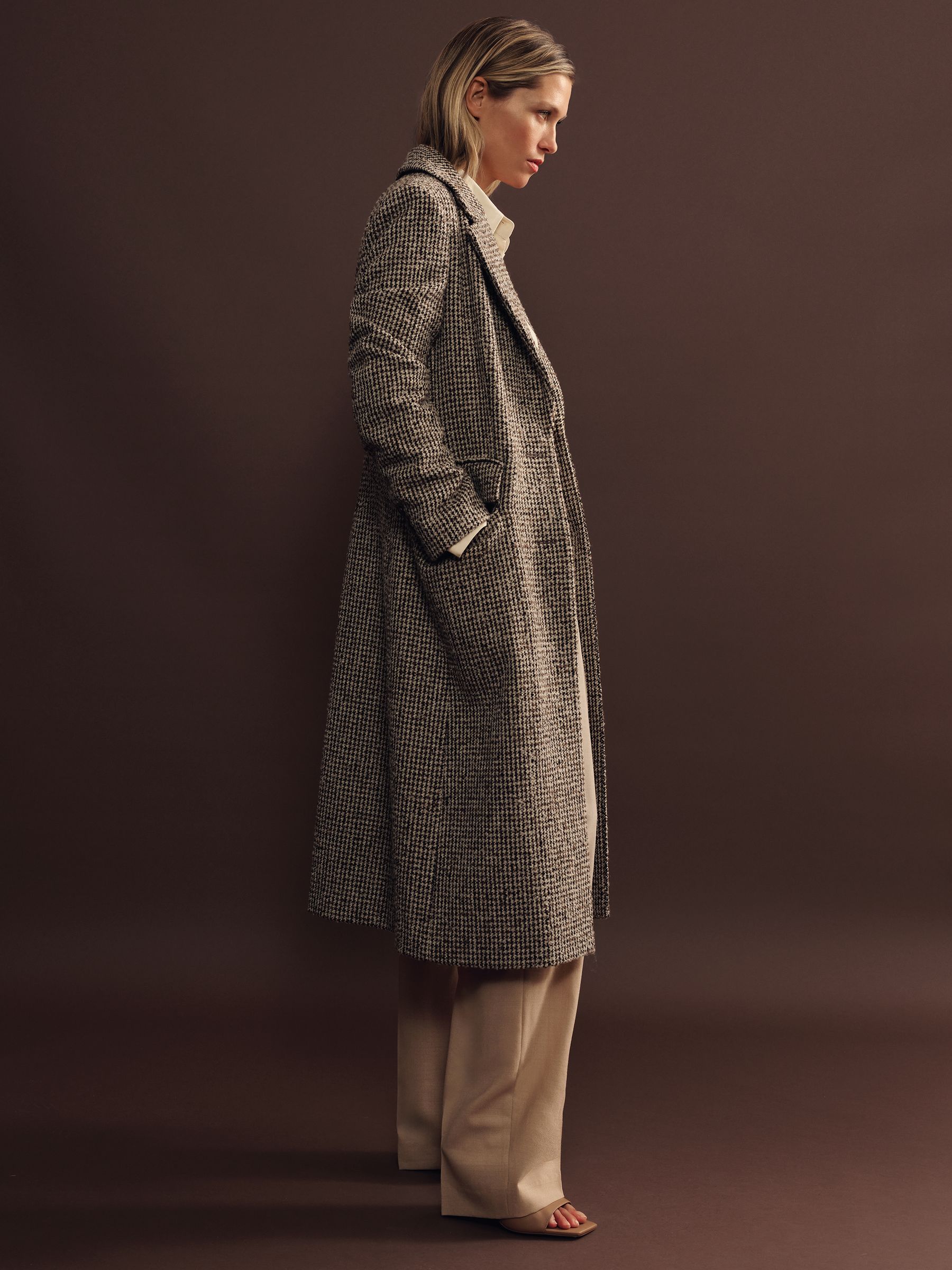 Wool-Blend Houndstooth-Check Coat in Brown Check - Image 4 of 7