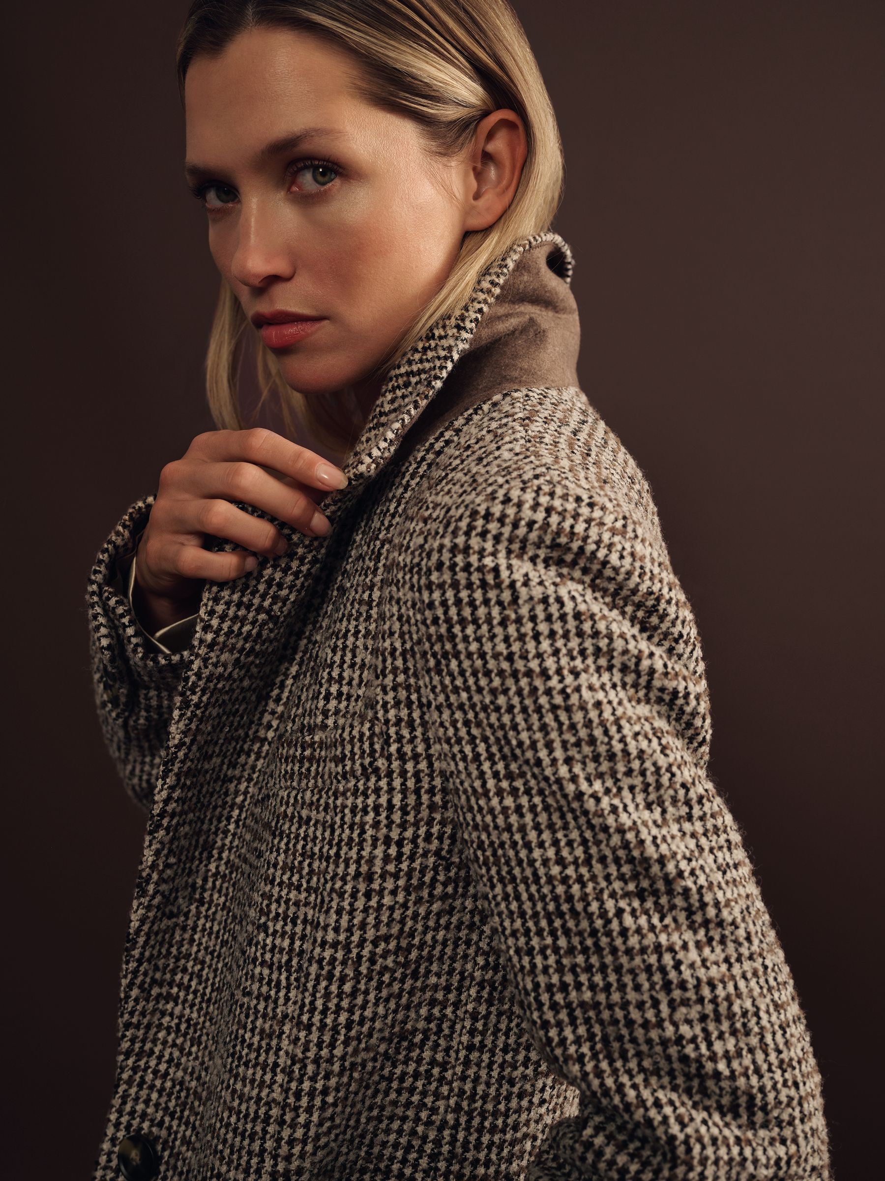 Wool-Blend Houndstooth-Check Coat in Brown Check - Image 5 of 7
