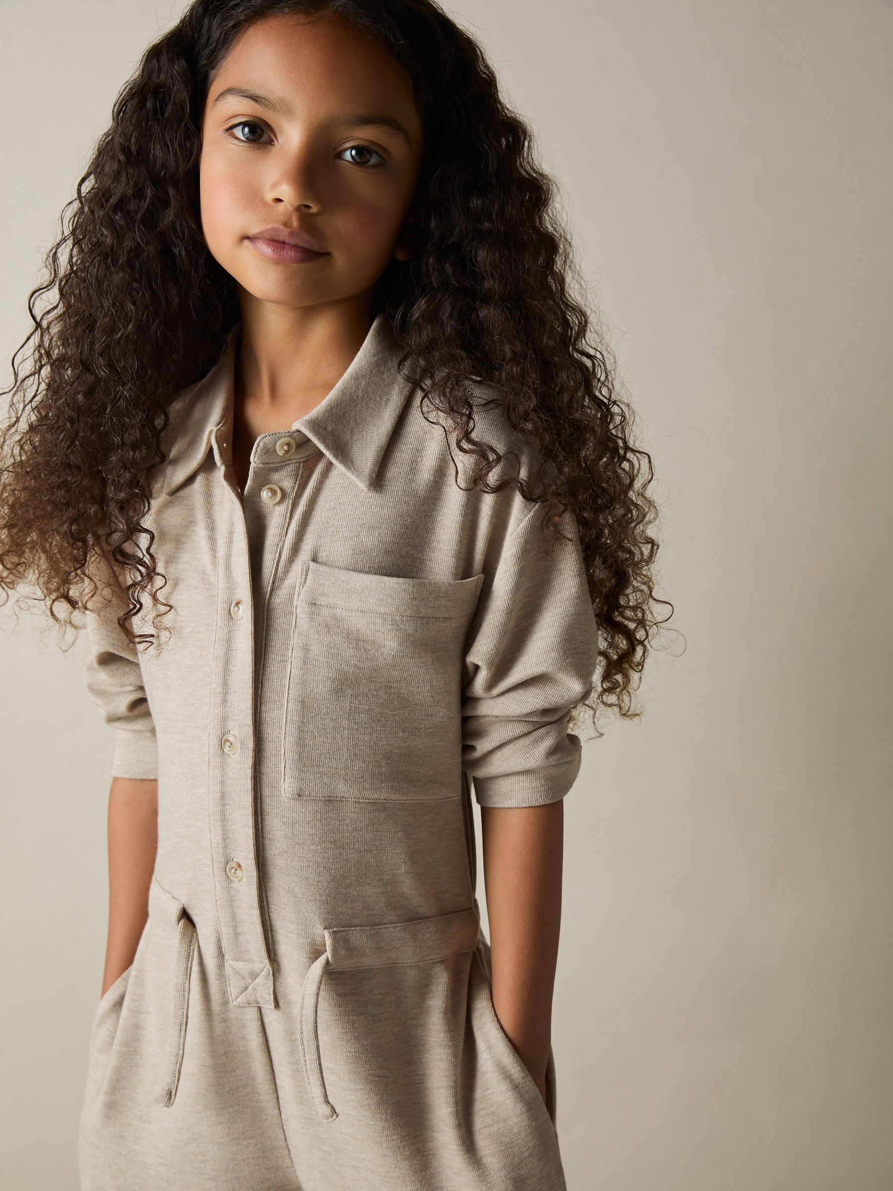 9-13 yrs Jersey Mélange Drawstring Boilersuit in Oatmeal - Image 1 of 4