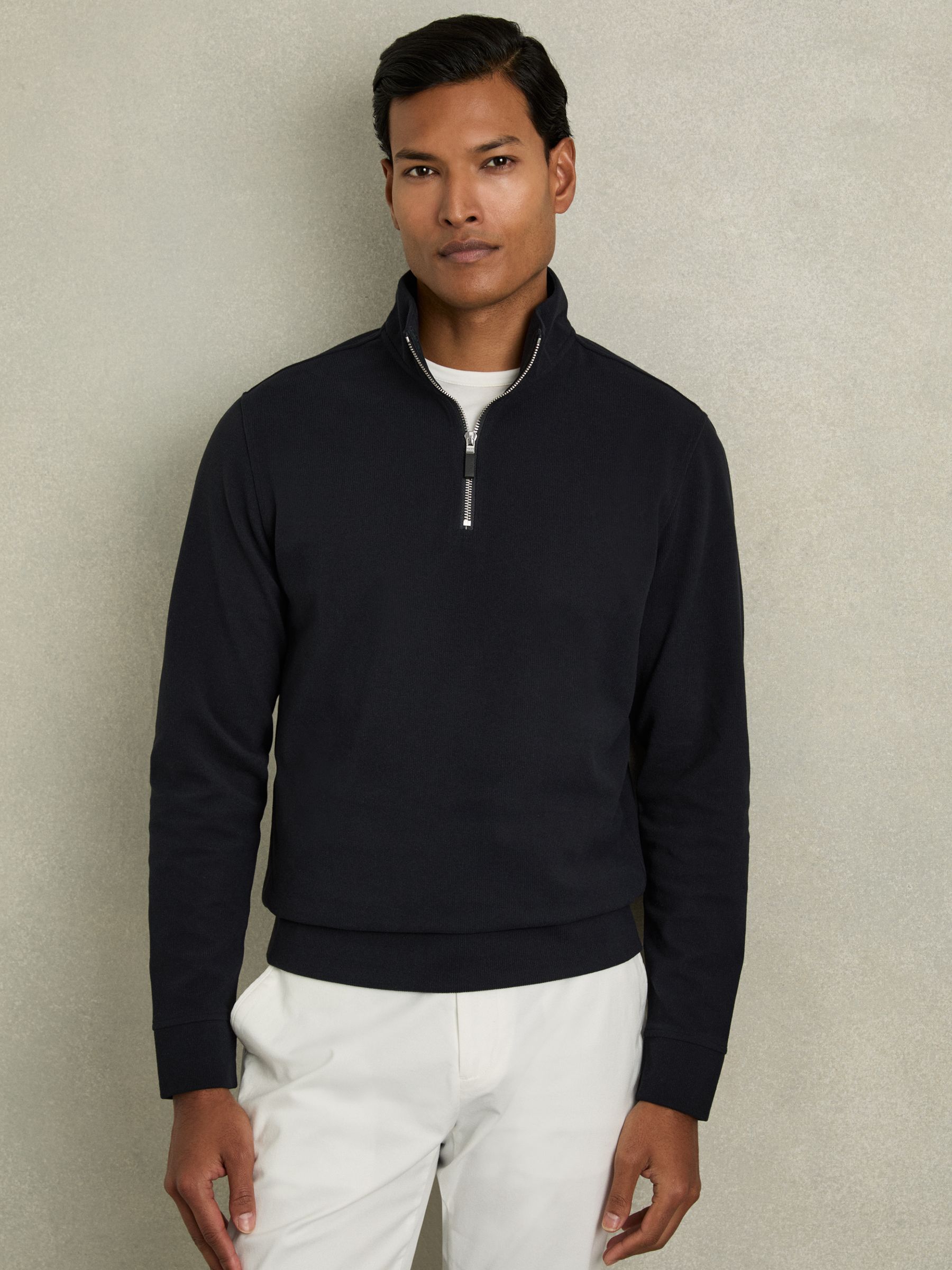 Reiss Brushed-Corduroy Half-Zip Jumper in Navy | REISS