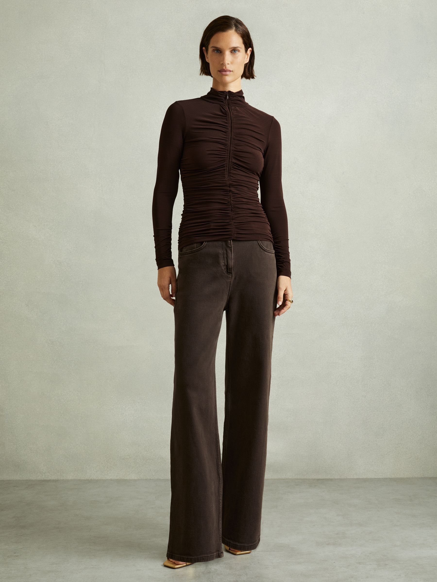 Ruched High-Neck Jersey Top in Chocolate - Image 3 of 6