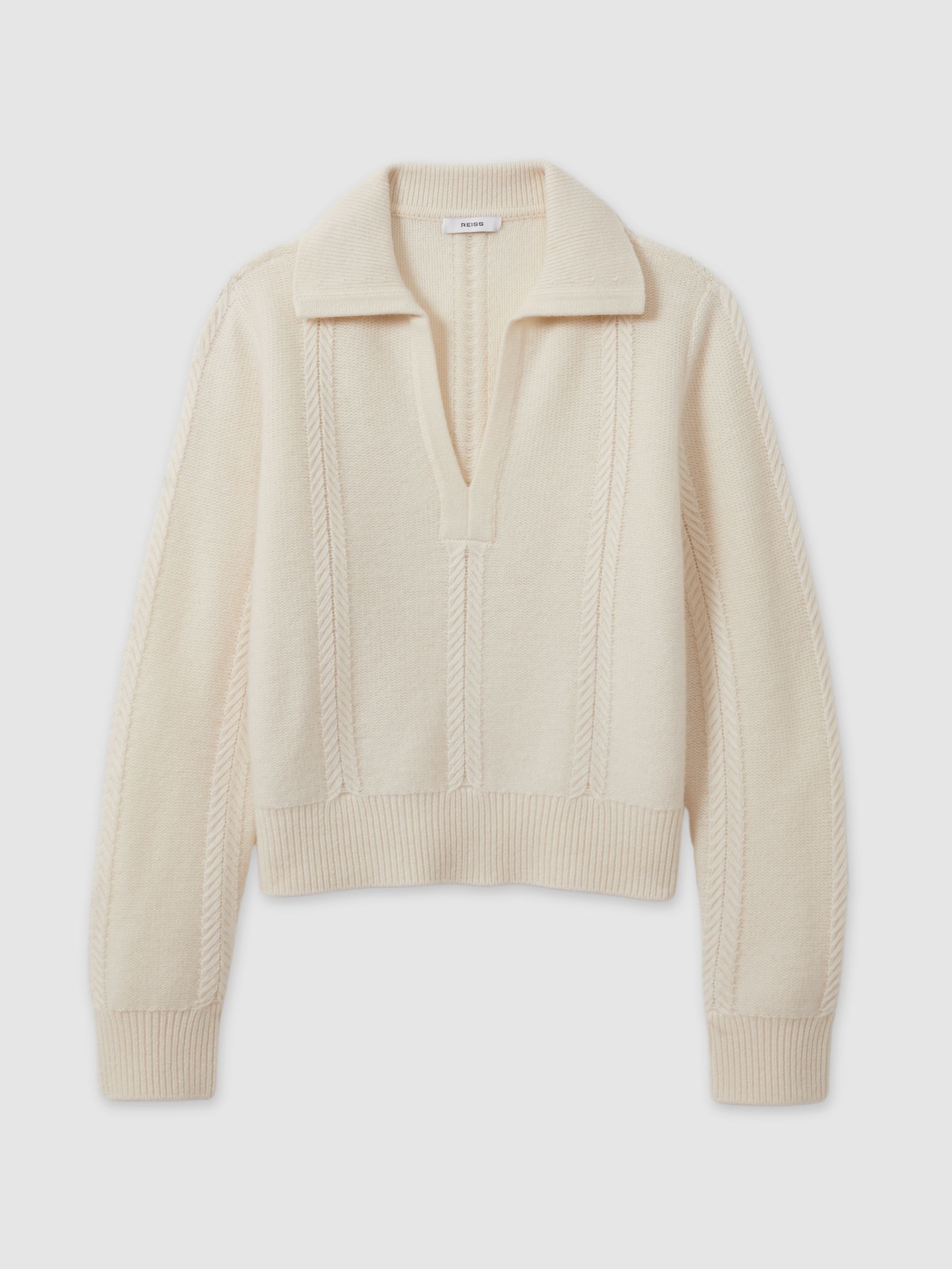 Wool-Cashmere Cropped Open-Collar Jumper in Cream - Image 2 of 5