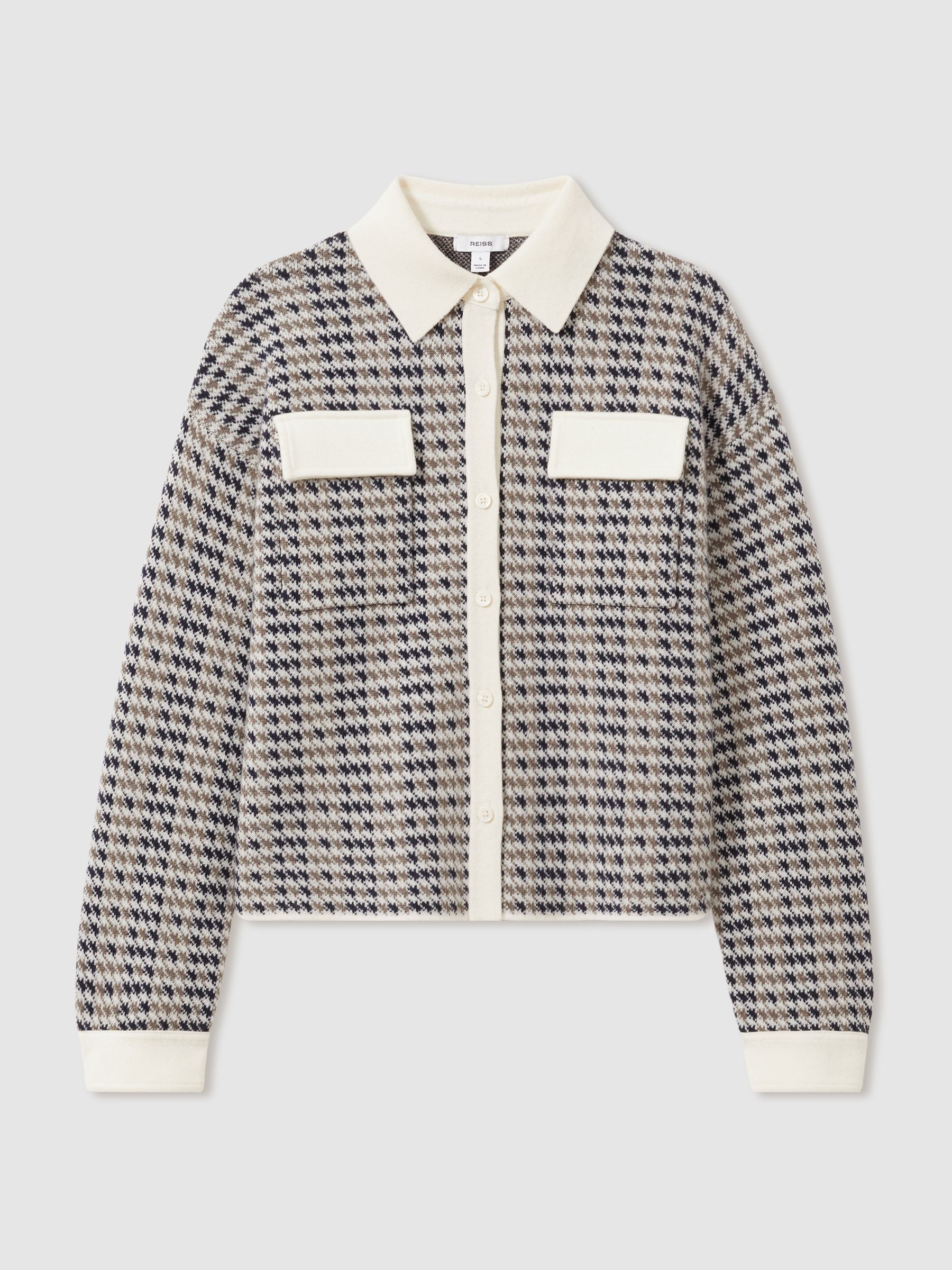 Wool-Cashmere Houndstooth Cardigan in Navy/Camel - Image 2 of 6