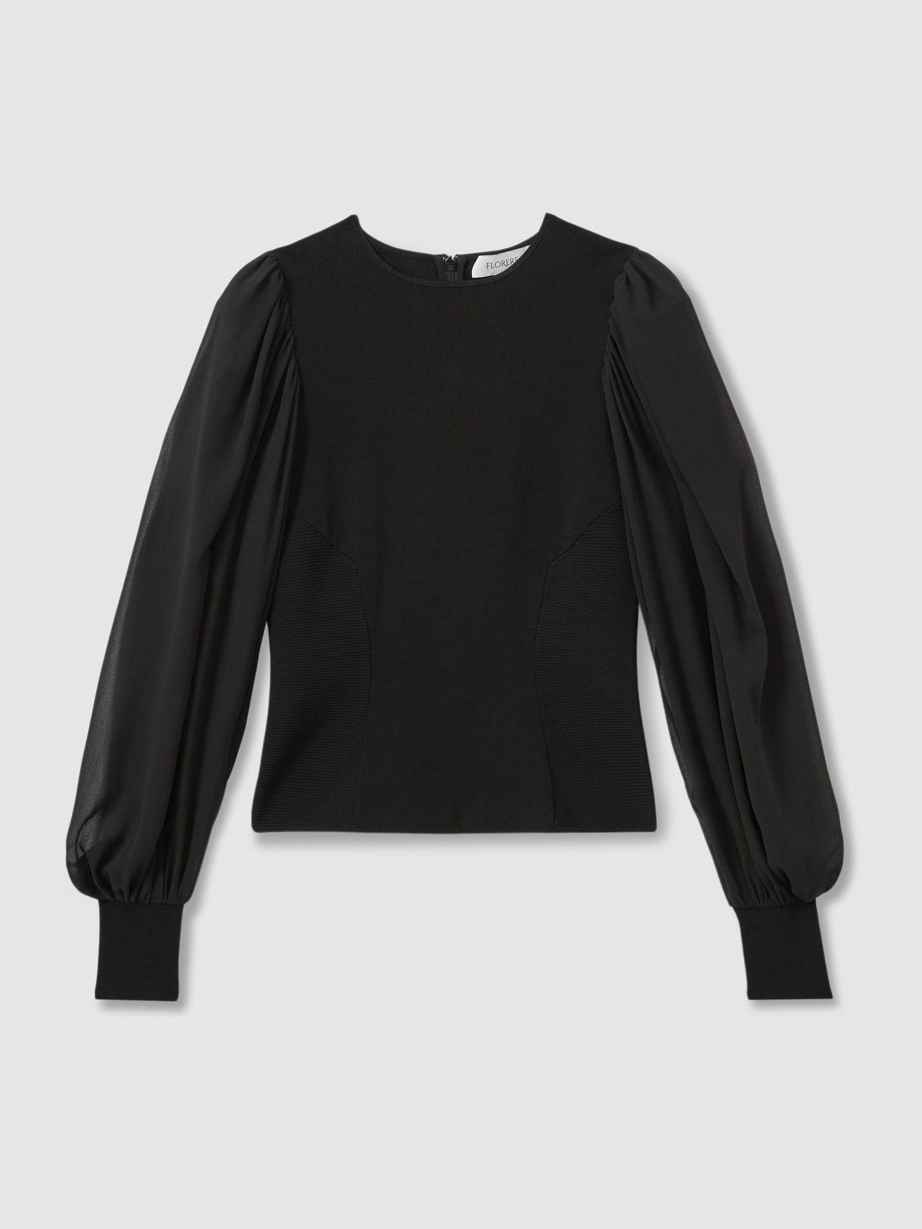 Florere Hybrid Knit Sheer Sleeve Black Top in Black - Image 2 of 6
