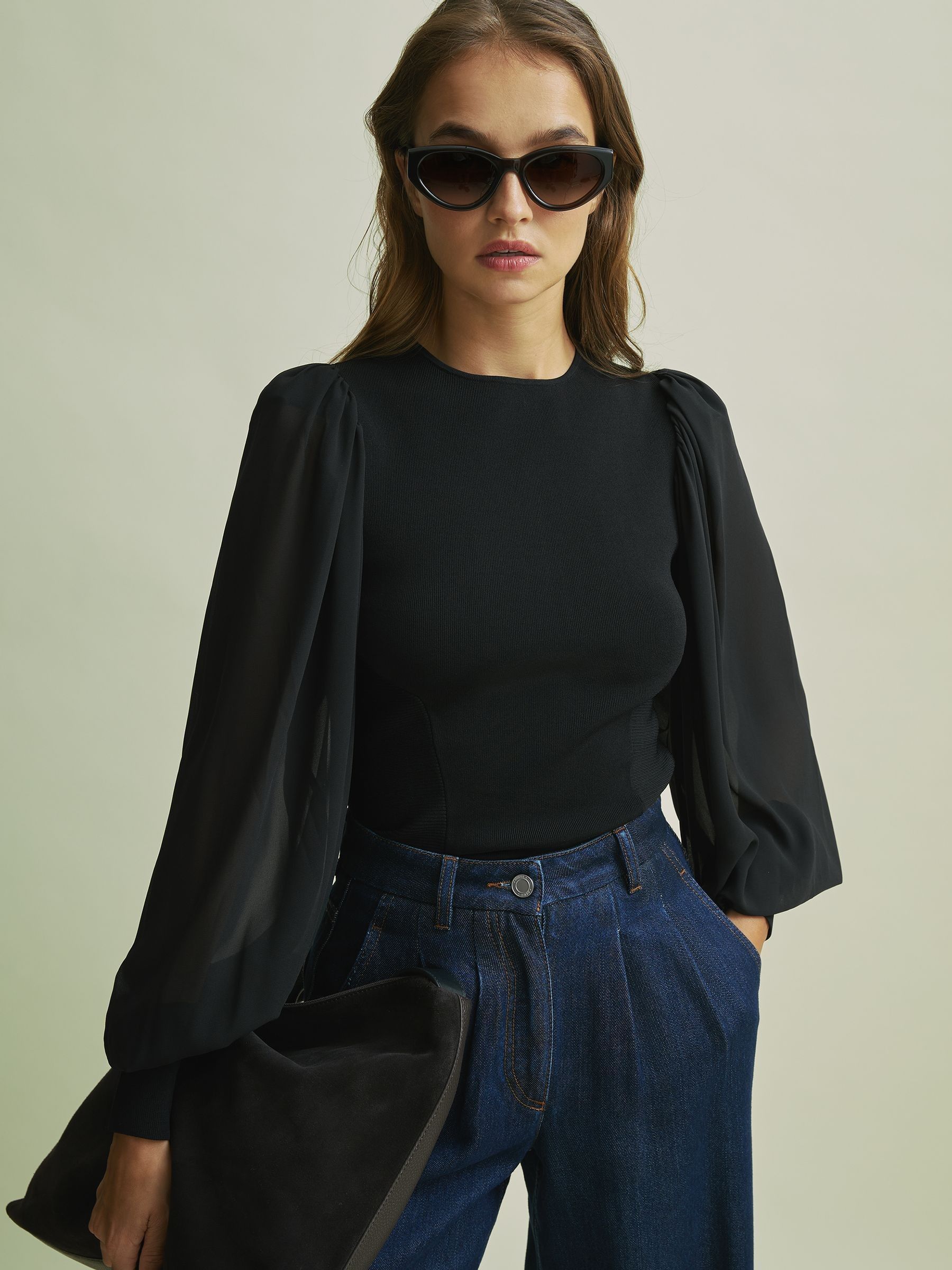 Florere Hybrid Knit Sheer Sleeve Black Top in Black - Image 3 of 6