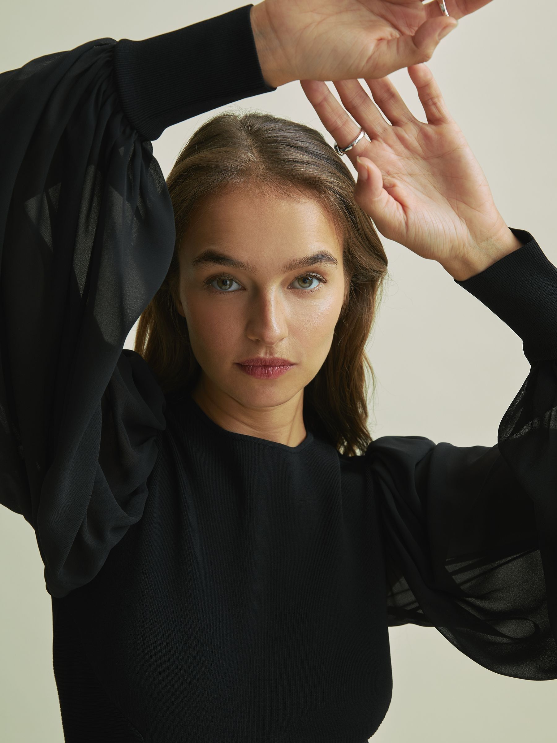 Florere Hybrid Knit Sheer Sleeve Black Top in Black - Image 4 of 6