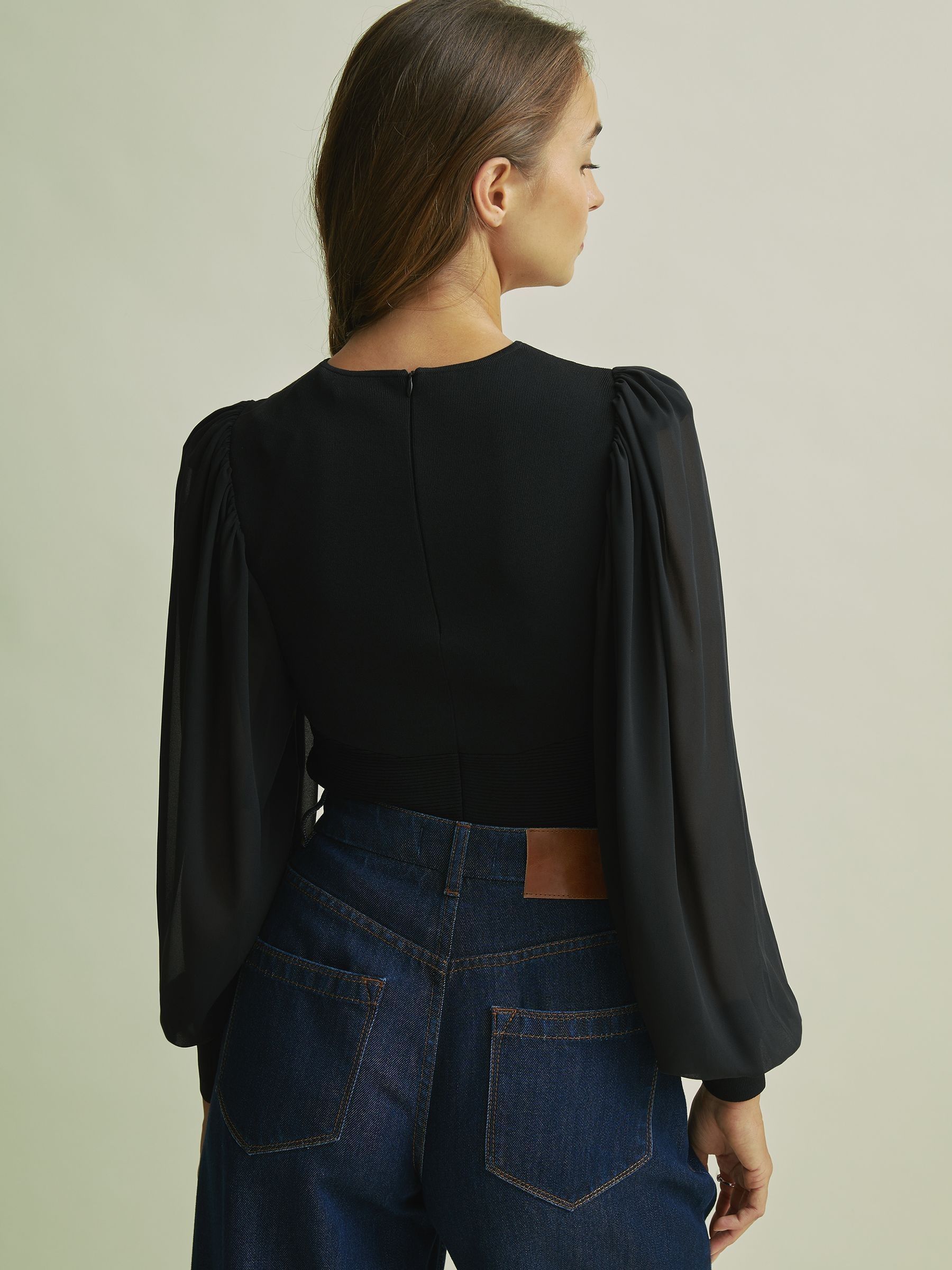 Florere Hybrid Knit Sheer Sleeve Black Top in Black - Image 5 of 6