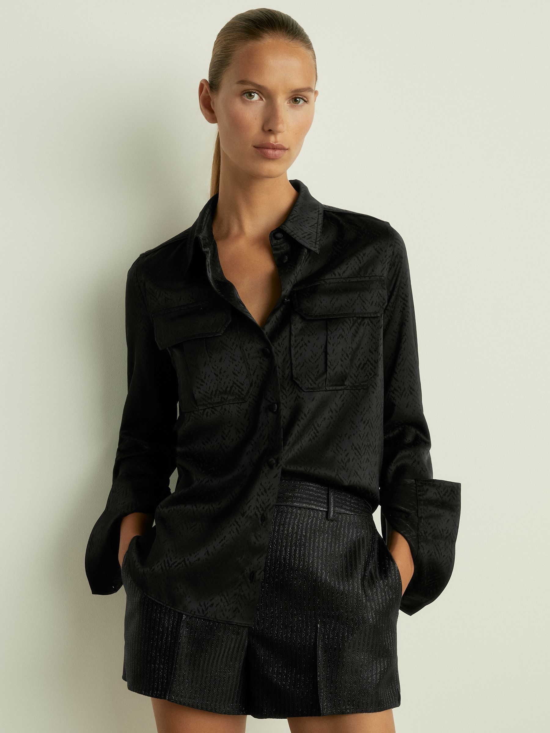 Herringbone-Jacquard Satin Shirt in Black - Image 1 of 6