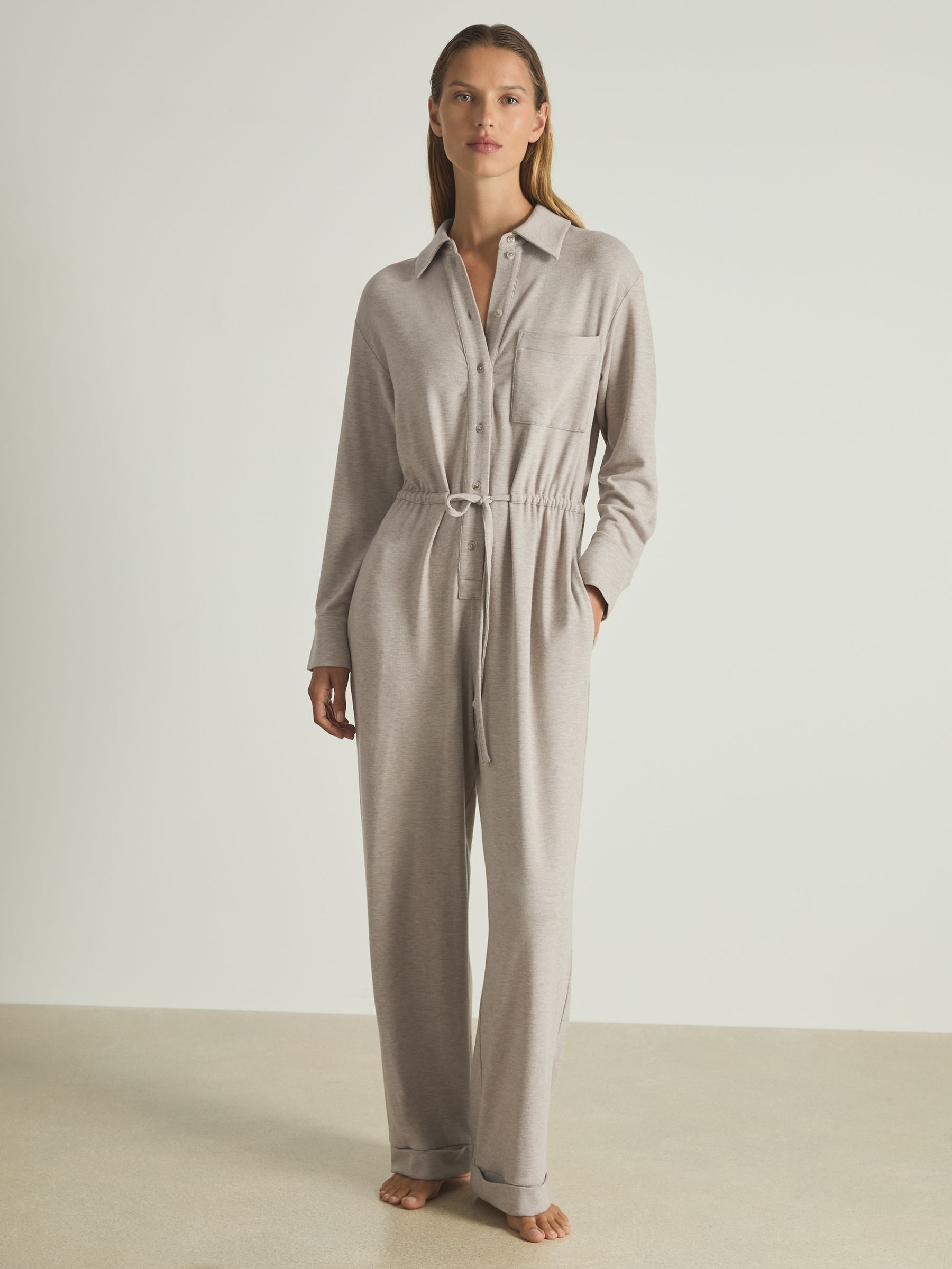 Thermal Jersey Drawstring Jumpsuit in Fawn - Image 1 of 6