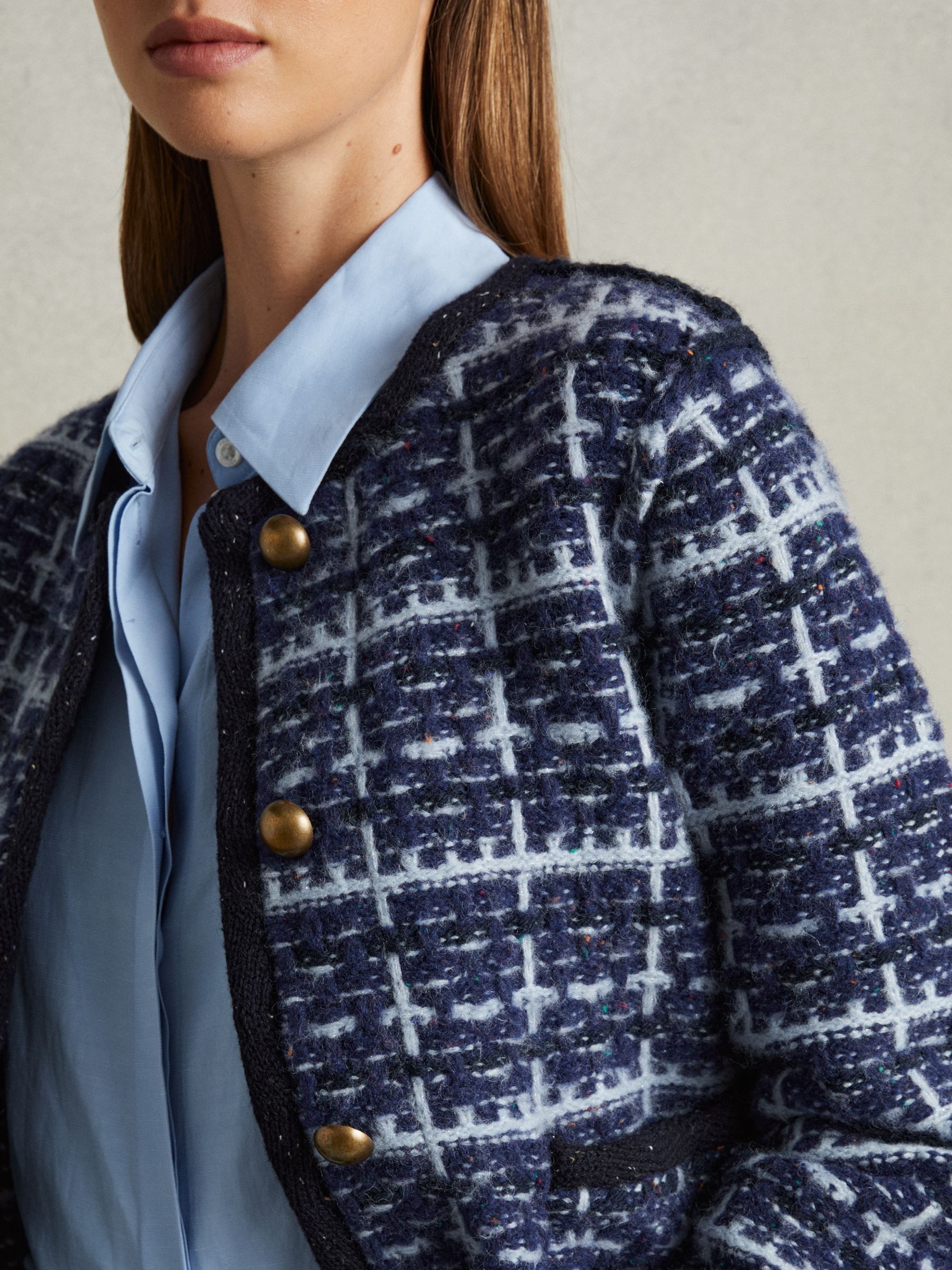 Reiss Tweed-Effect Cardigan with Merino in Blue - REISS Reiss Tweed-Effect Cardigan with Merino in Blue - REISS