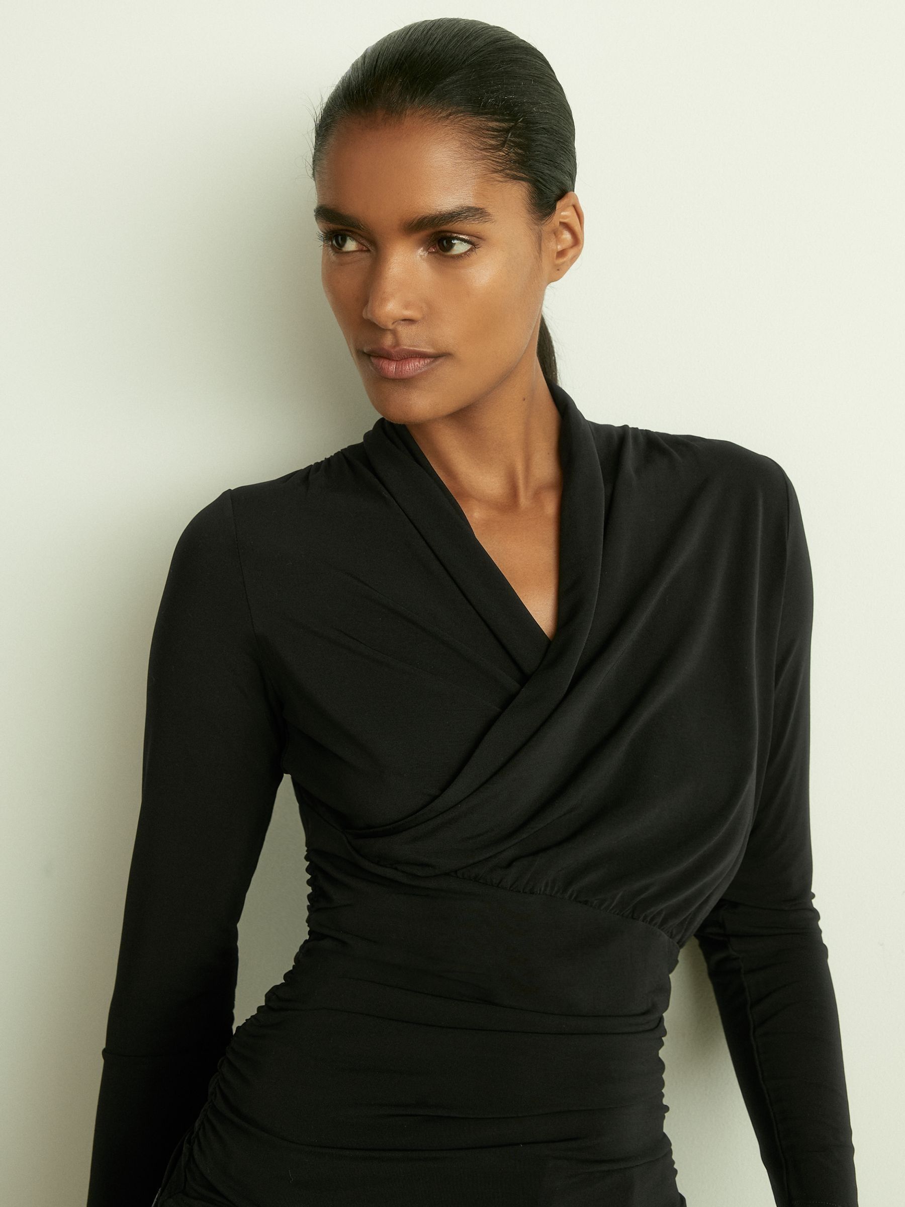Mesh Wrap-Neck Ruched Top in Black - Image 1 of 5