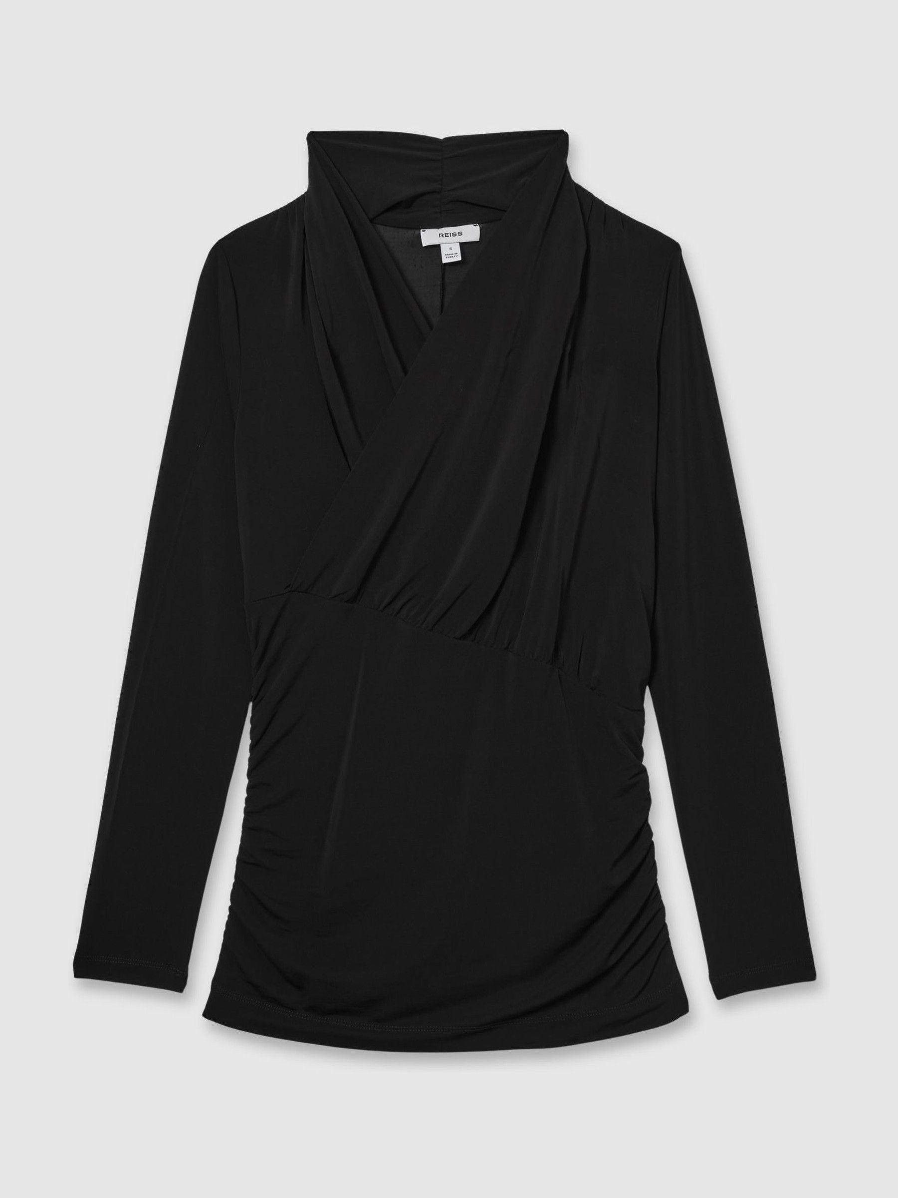 Mesh Wrap-Neck Ruched Top in Black - Image 2 of 5