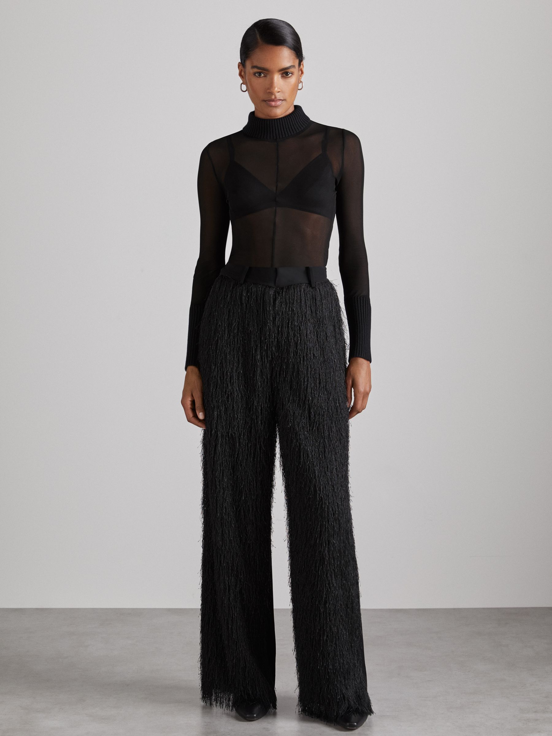 Reiss Atelier Sheer-Jersey Funnel-Neck Top in Black - REISS