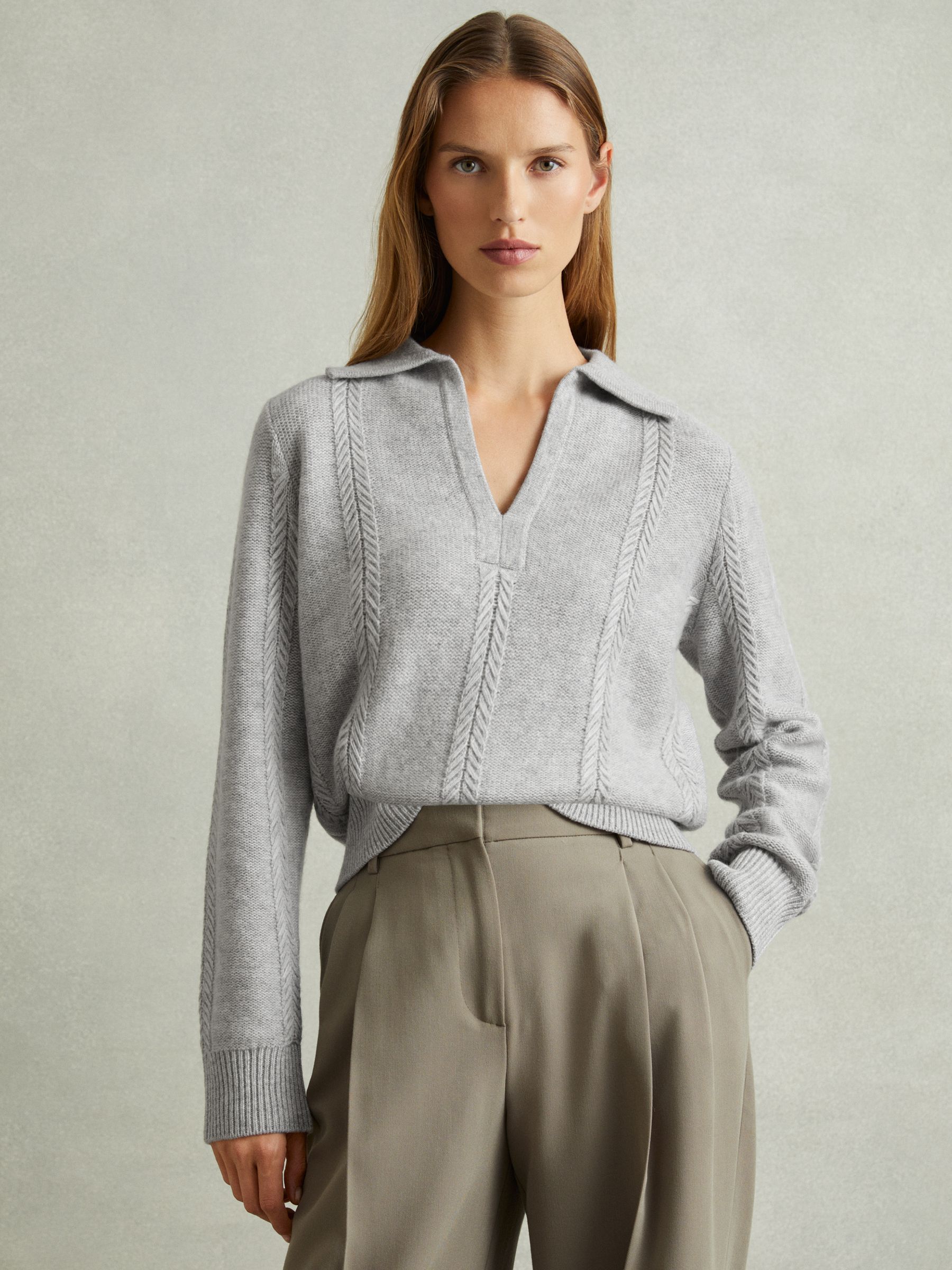 Wool-Cashmere Cropped Open-Collar Jumper in Grey Marl - Image 3 of 6