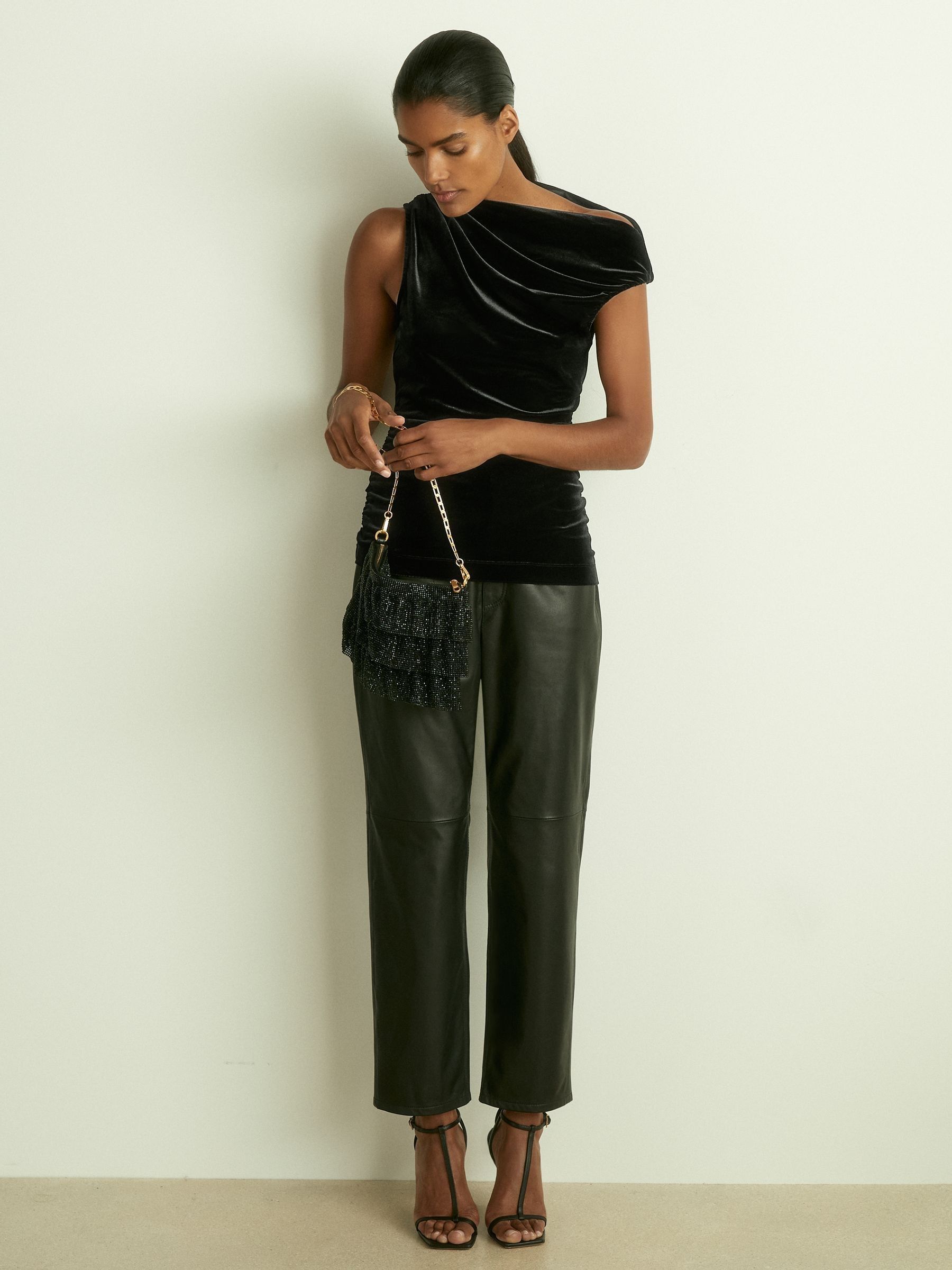 Velvet Drape Off-Shoulder Top in Black - Image 3 of 6