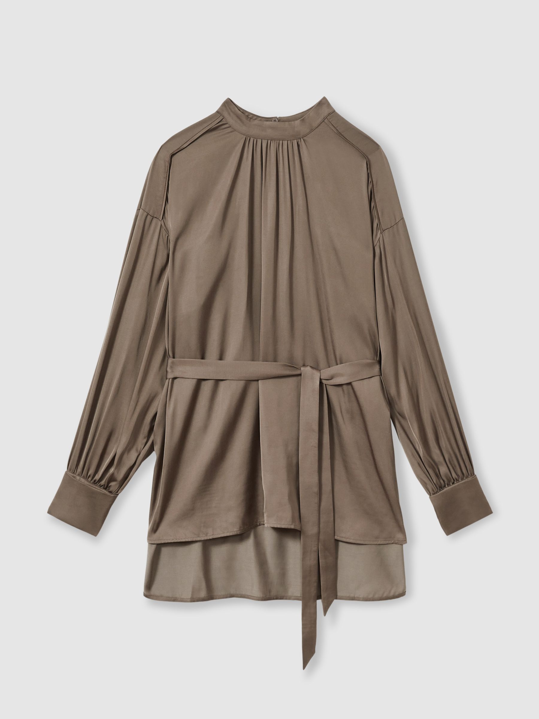 Woven High-Neck Belted Blouse in Mink - Image 2 of 7